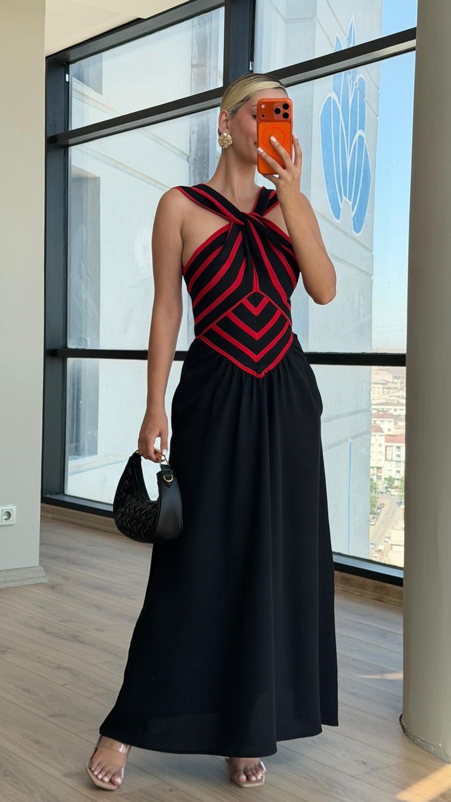 Kırmızı-Siyah Çapraz Triko Detay Zr Model Elbise