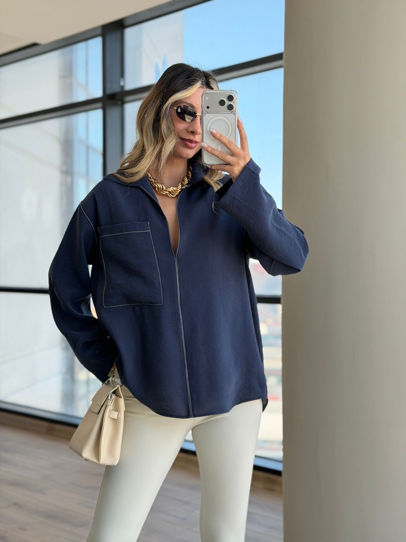 Dikiş Cep Detaylı Mavi Bluz 