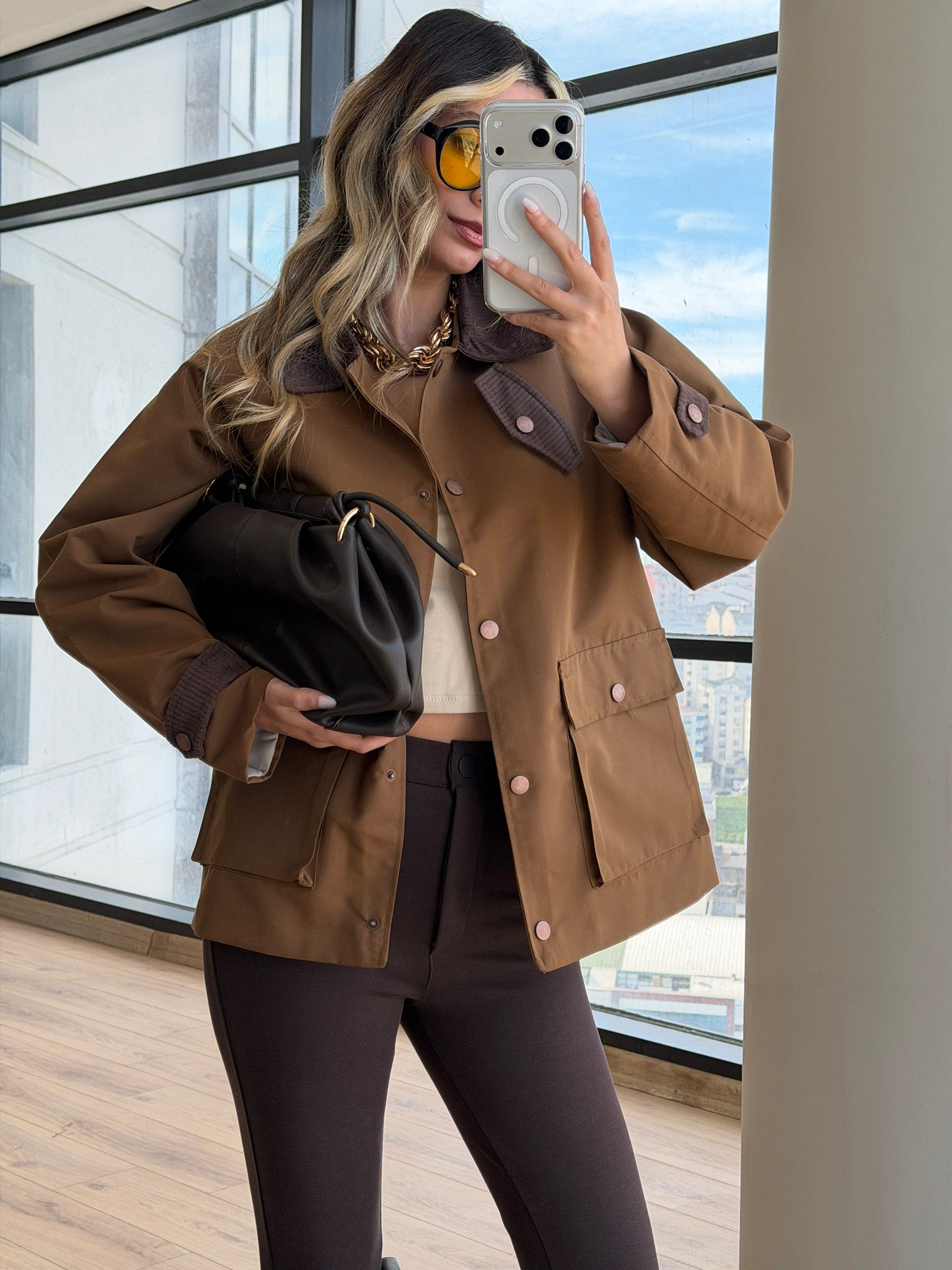 Cep Detaylı Kahverengi Oversize Ceket