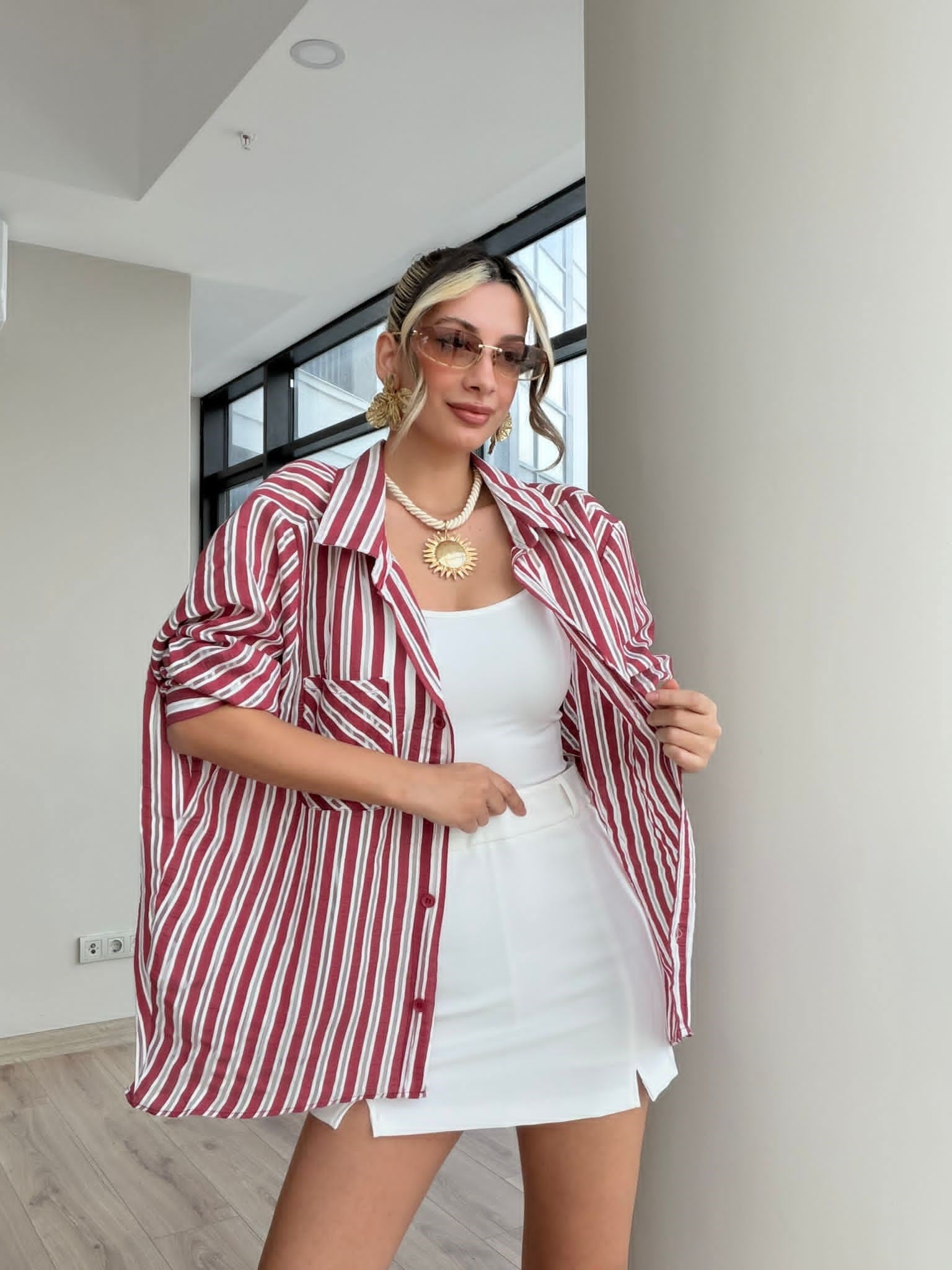 Çizgili Oversize Gömlek Bordo