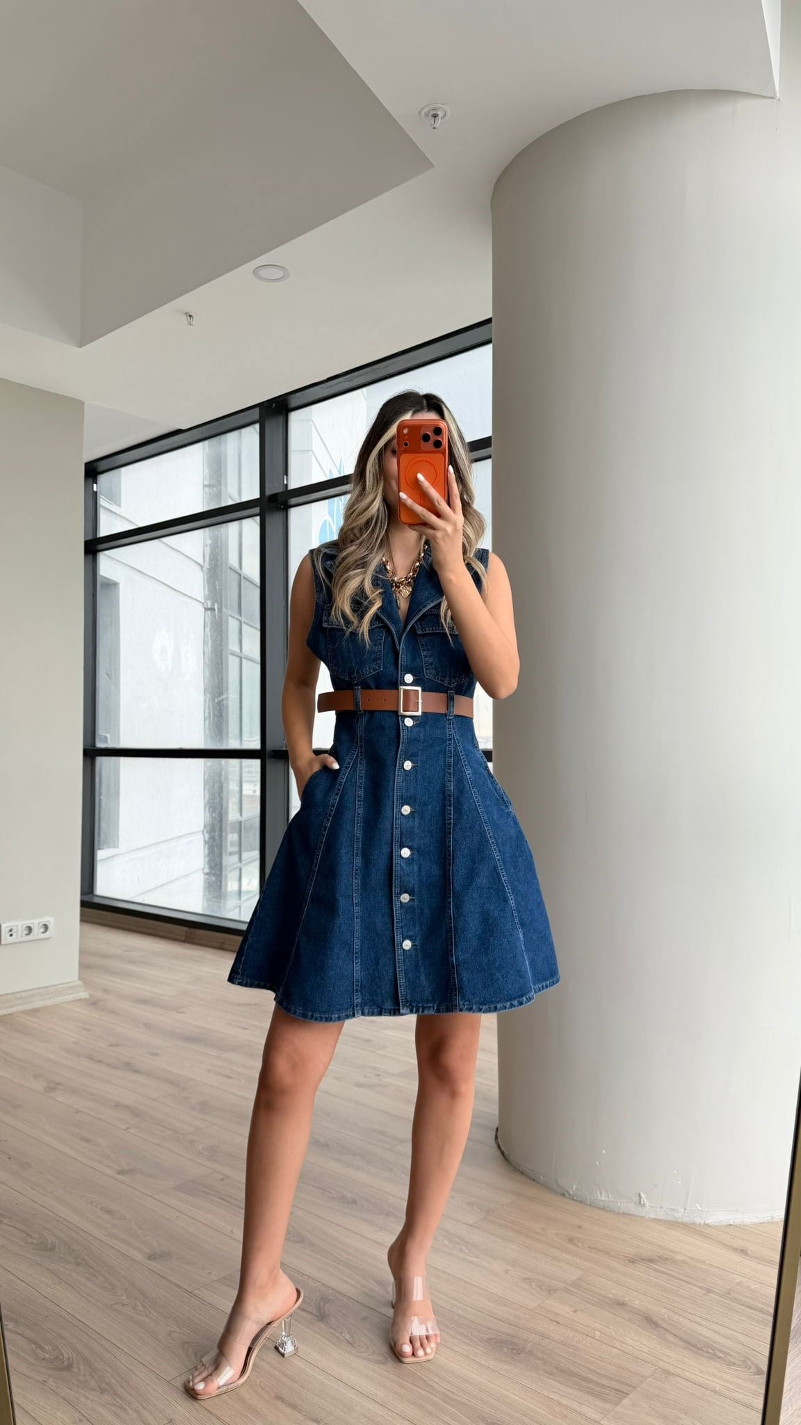 Zr Etiketli Kısa Kollu Denim Elbise 