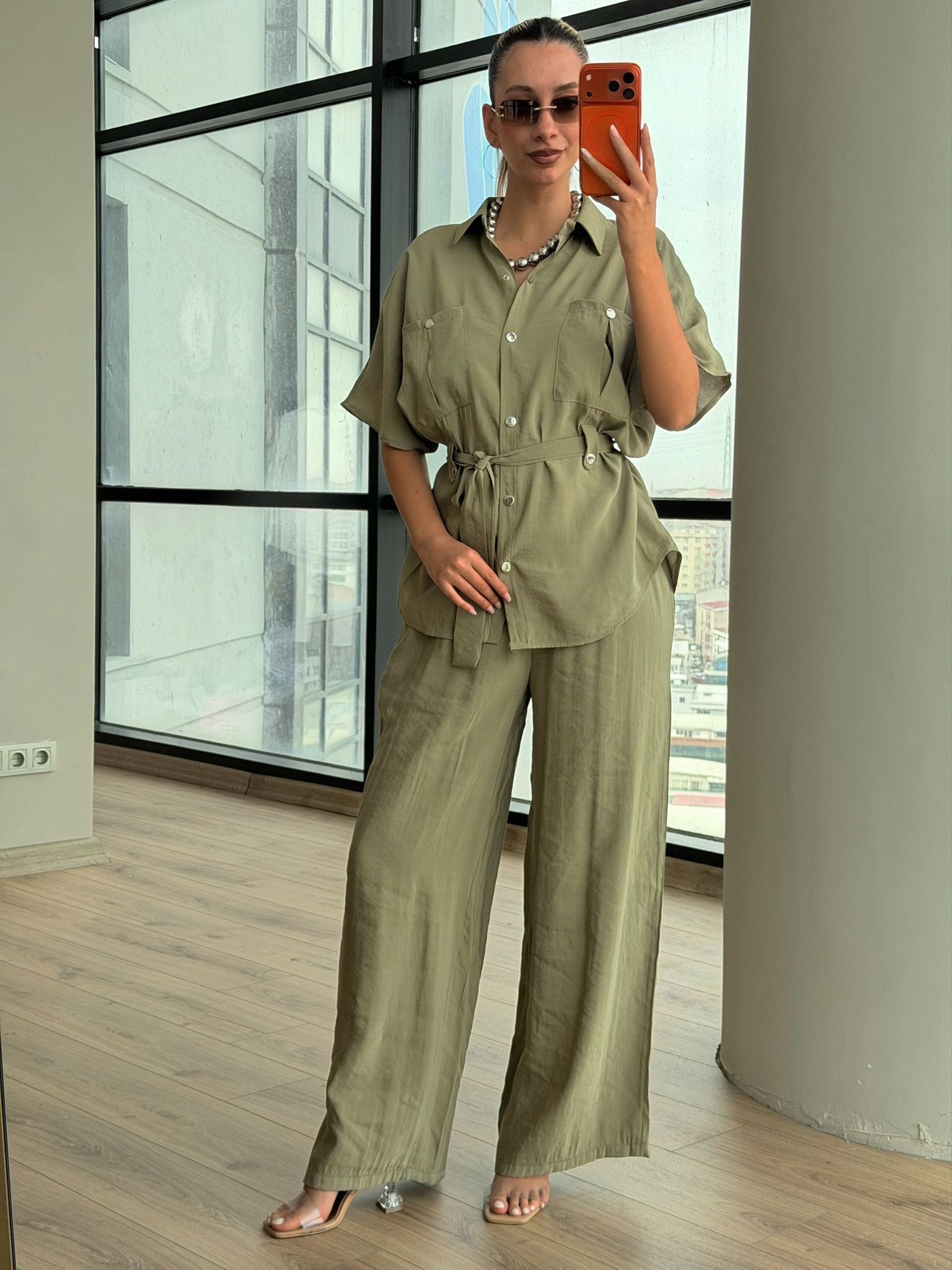 Bağlama Detaylı Gömlek Pantolon Takım Yeşil