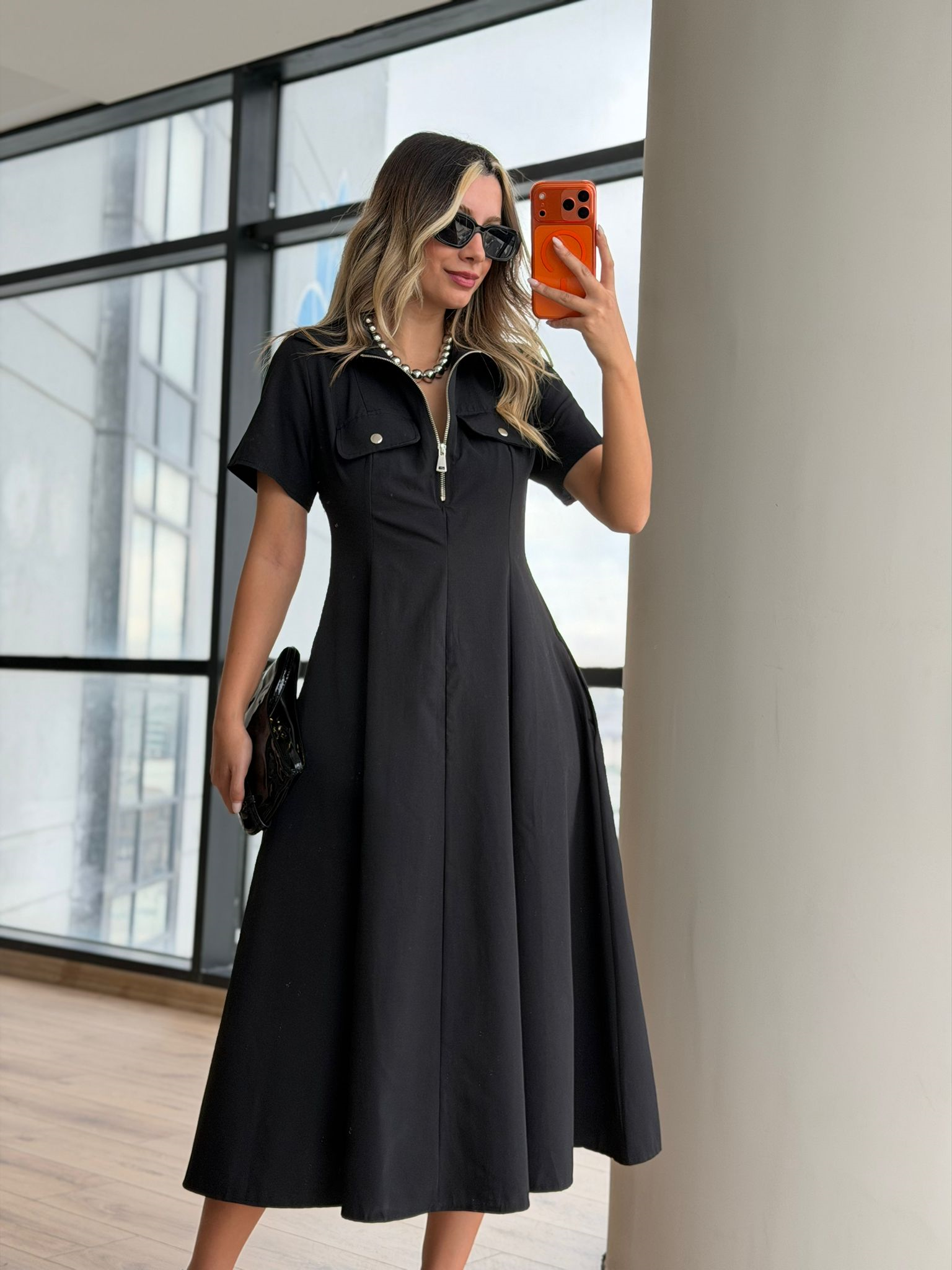 Siyah Poplin Cep Detaylı Elbise