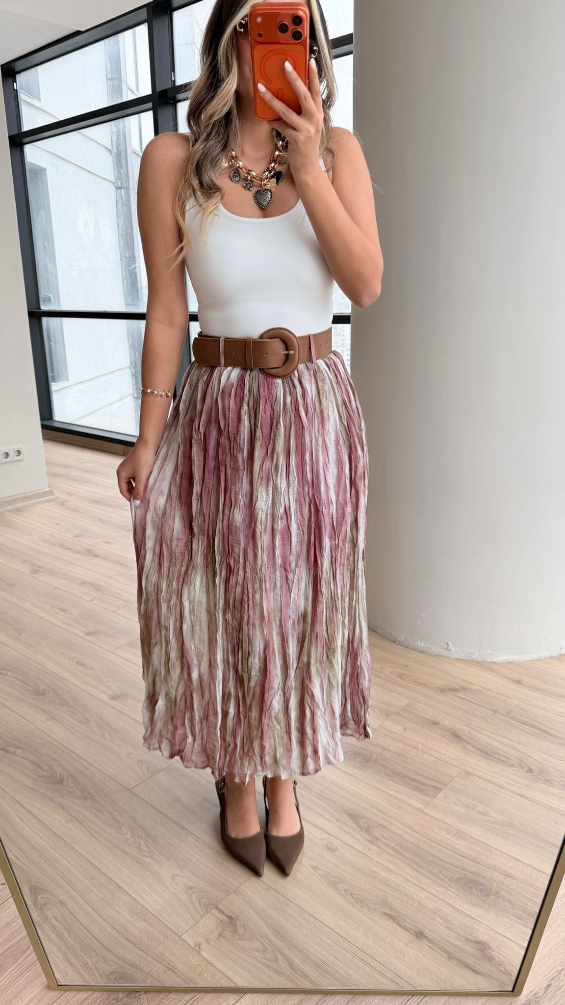 Soft Geçişli Vintage Kemerli Mürdüm Desenli Etek