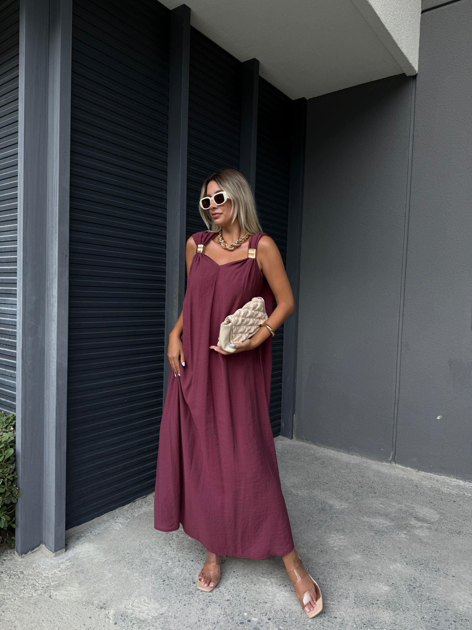 Askıları Gold Aksesuarlı Salaş Bordo Elbise