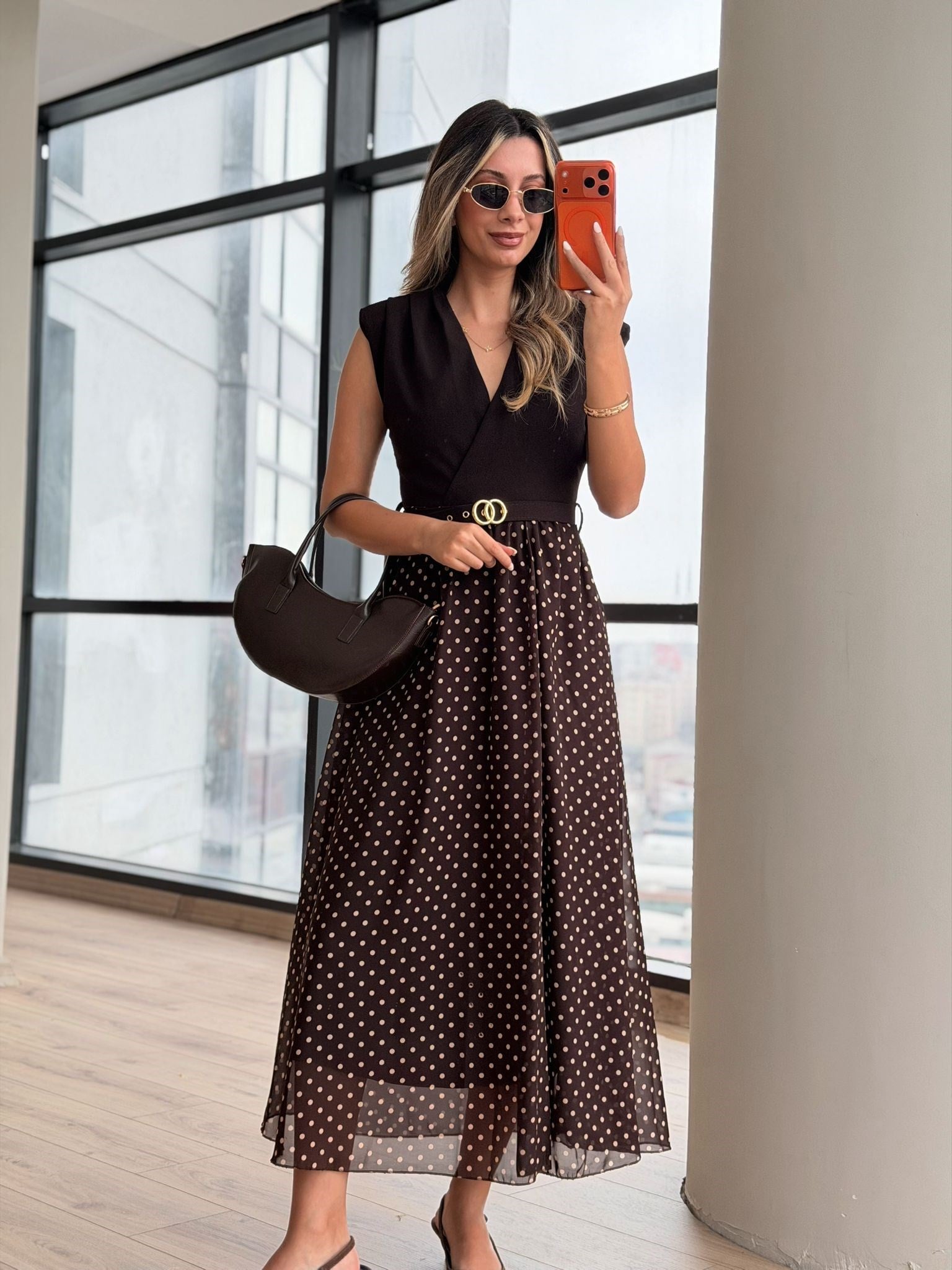 Puantiyeli Kombinasyon Elbise Kahverengi