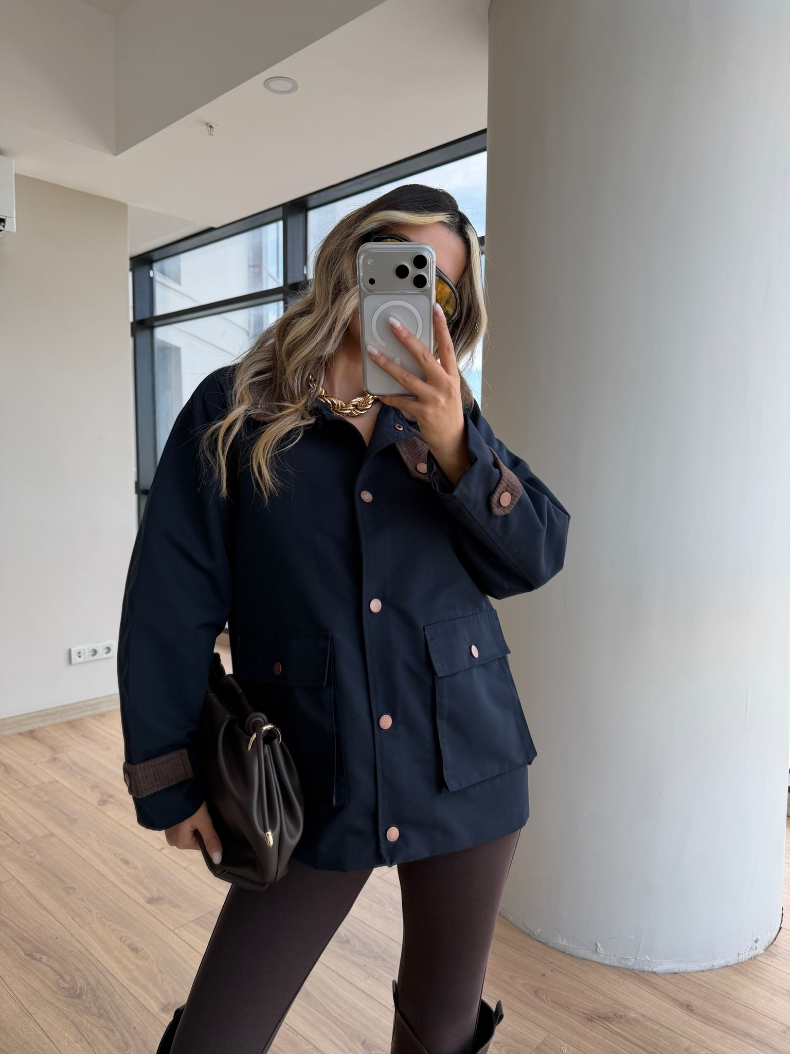 Cep Detaylı Lacivert Oversize Ceket