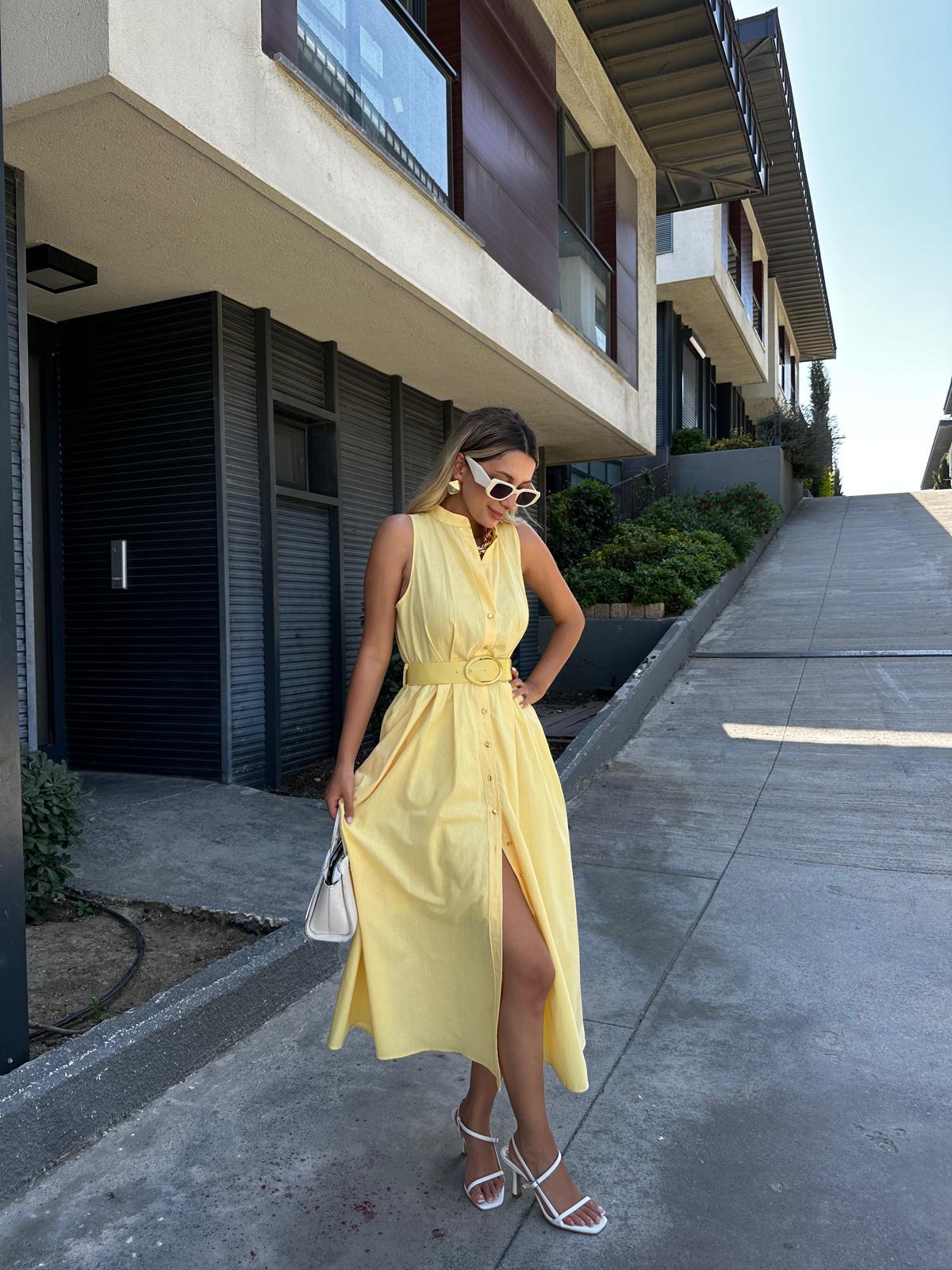 Kemerli Magnolya Sarı Elbise