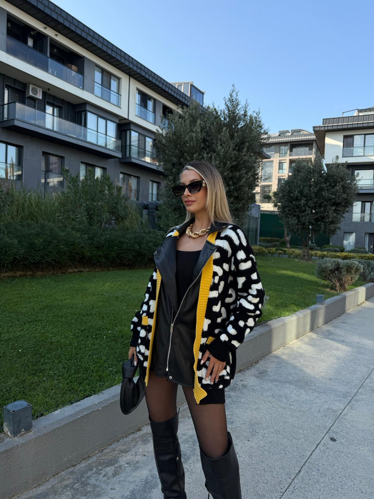 Marka Model Deri Detaylı Leopar Ceket (Sarı Şerit)