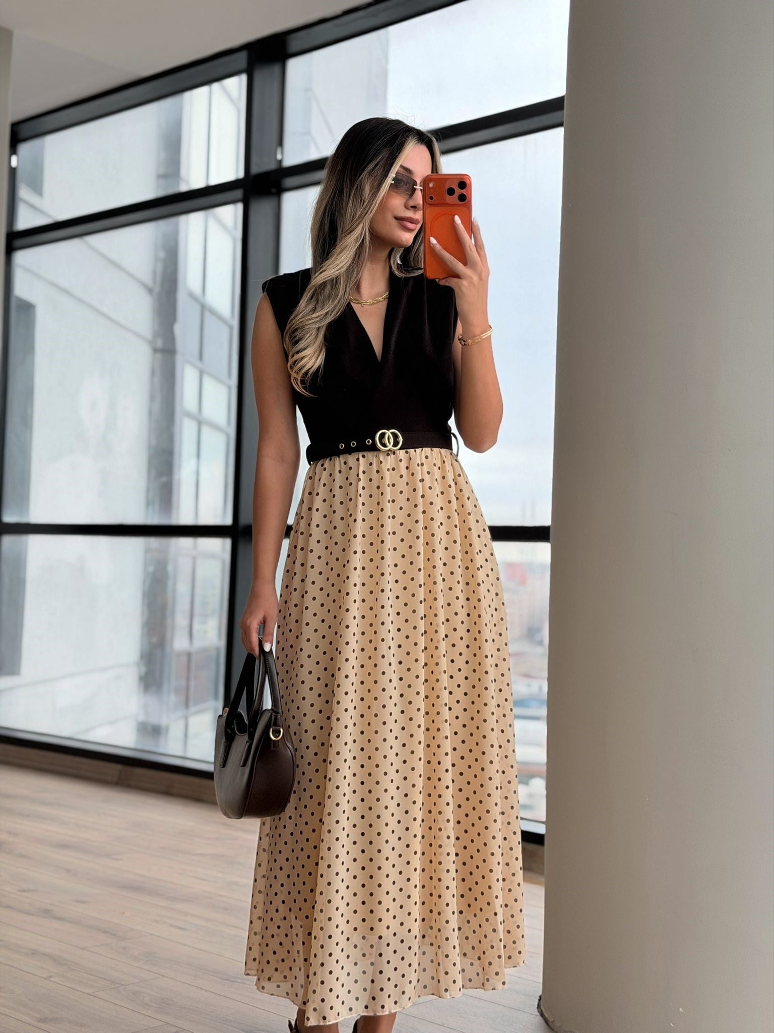 Puantiyeli Kombinasyon Elbise Kahve-Krem