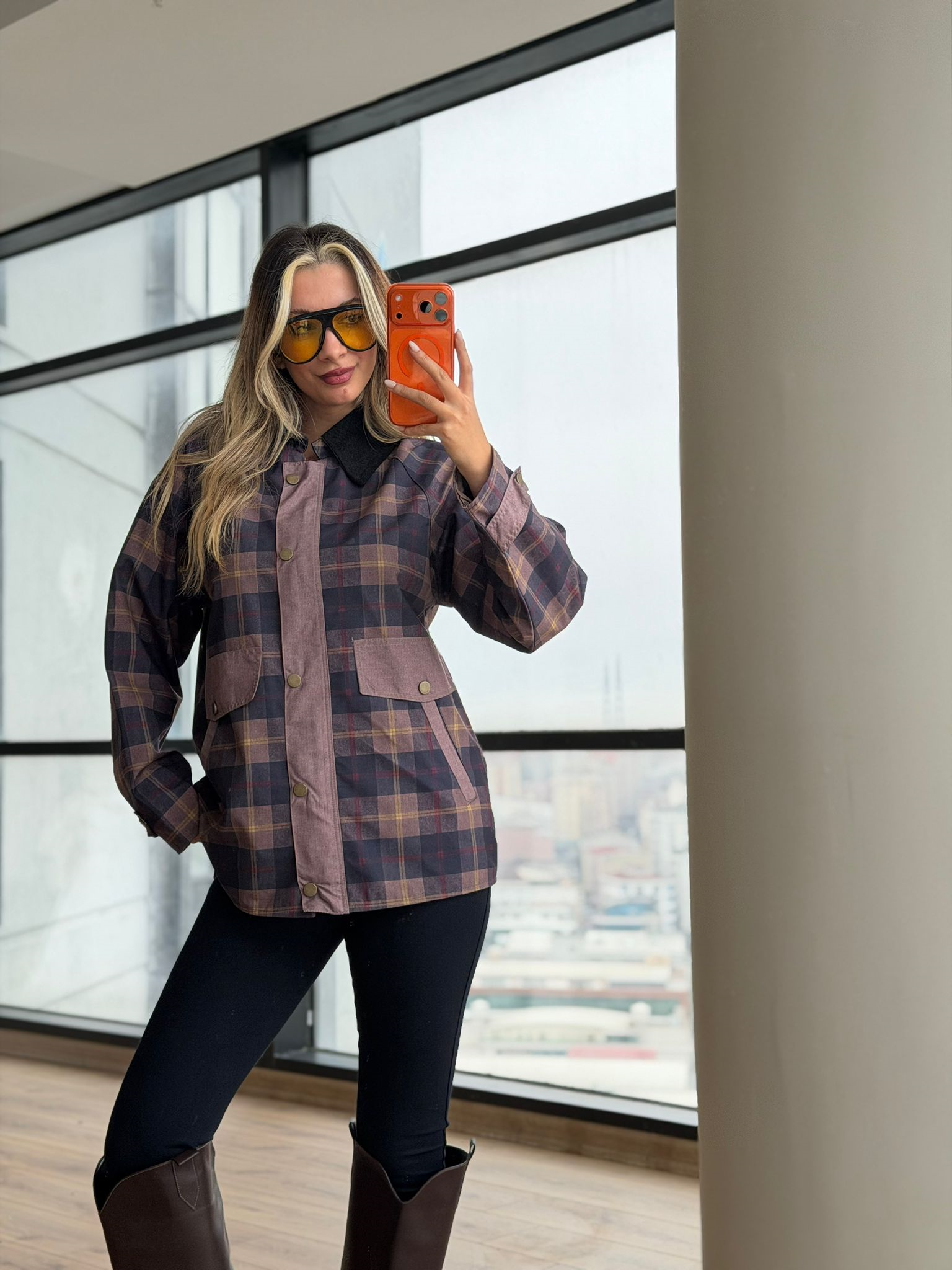 Siyah Kadife Yaka Rorave Ekose Ceket Mavili