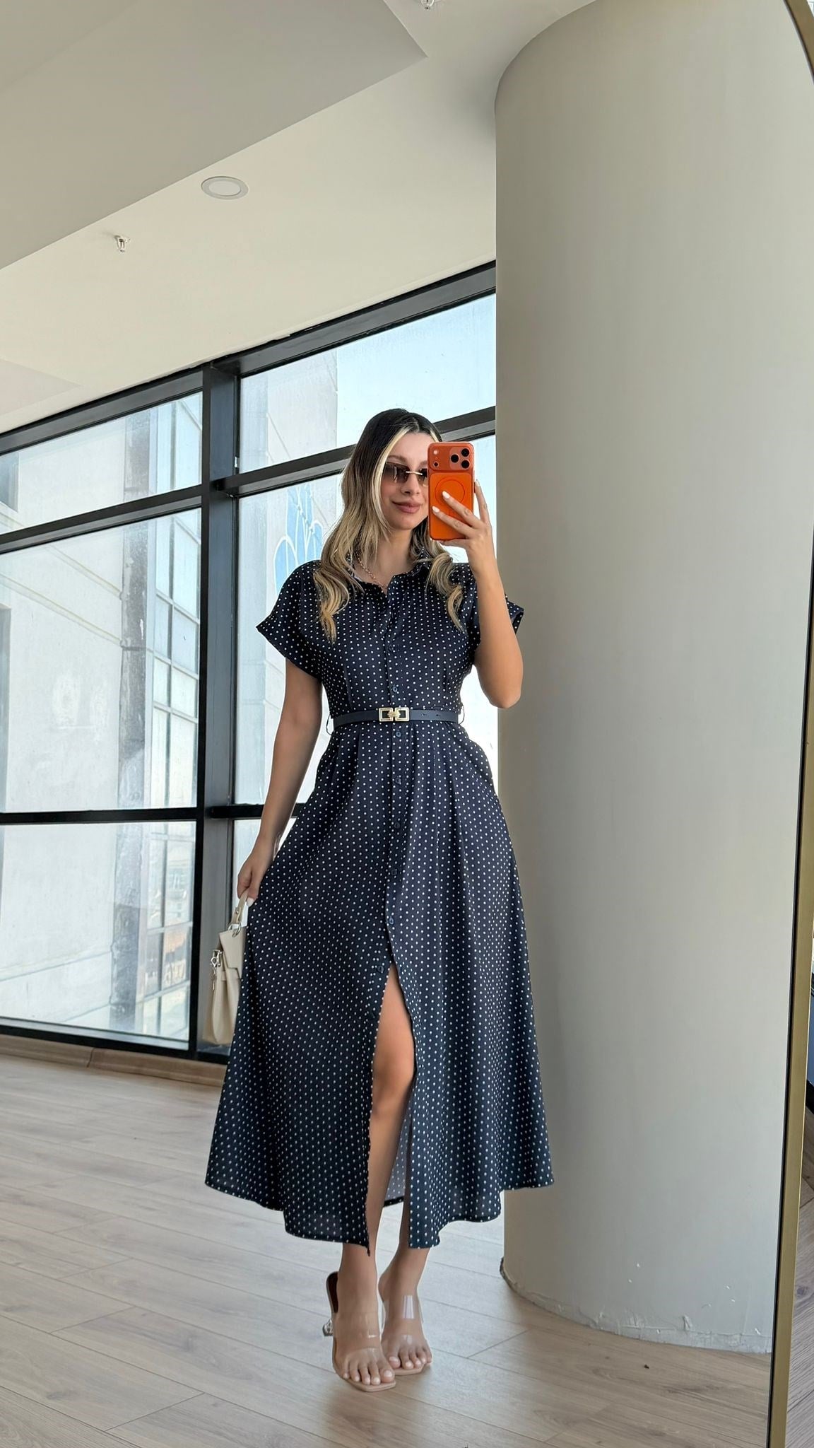 Jimena Puantiyeli Kemerli Gömlek Elbise Lacivert