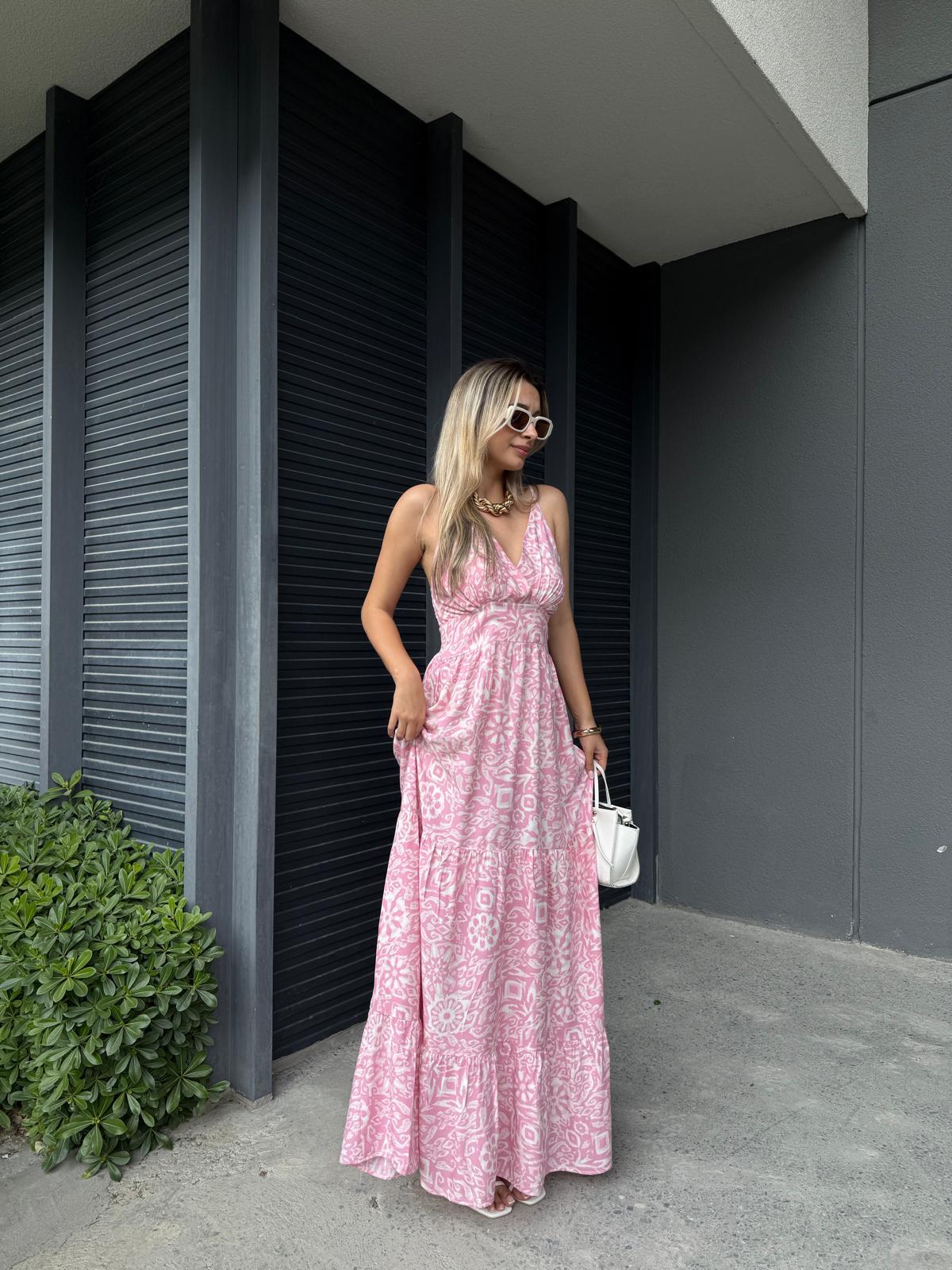 İp Askılı Bernorda Şal Desen Elbise Pembe