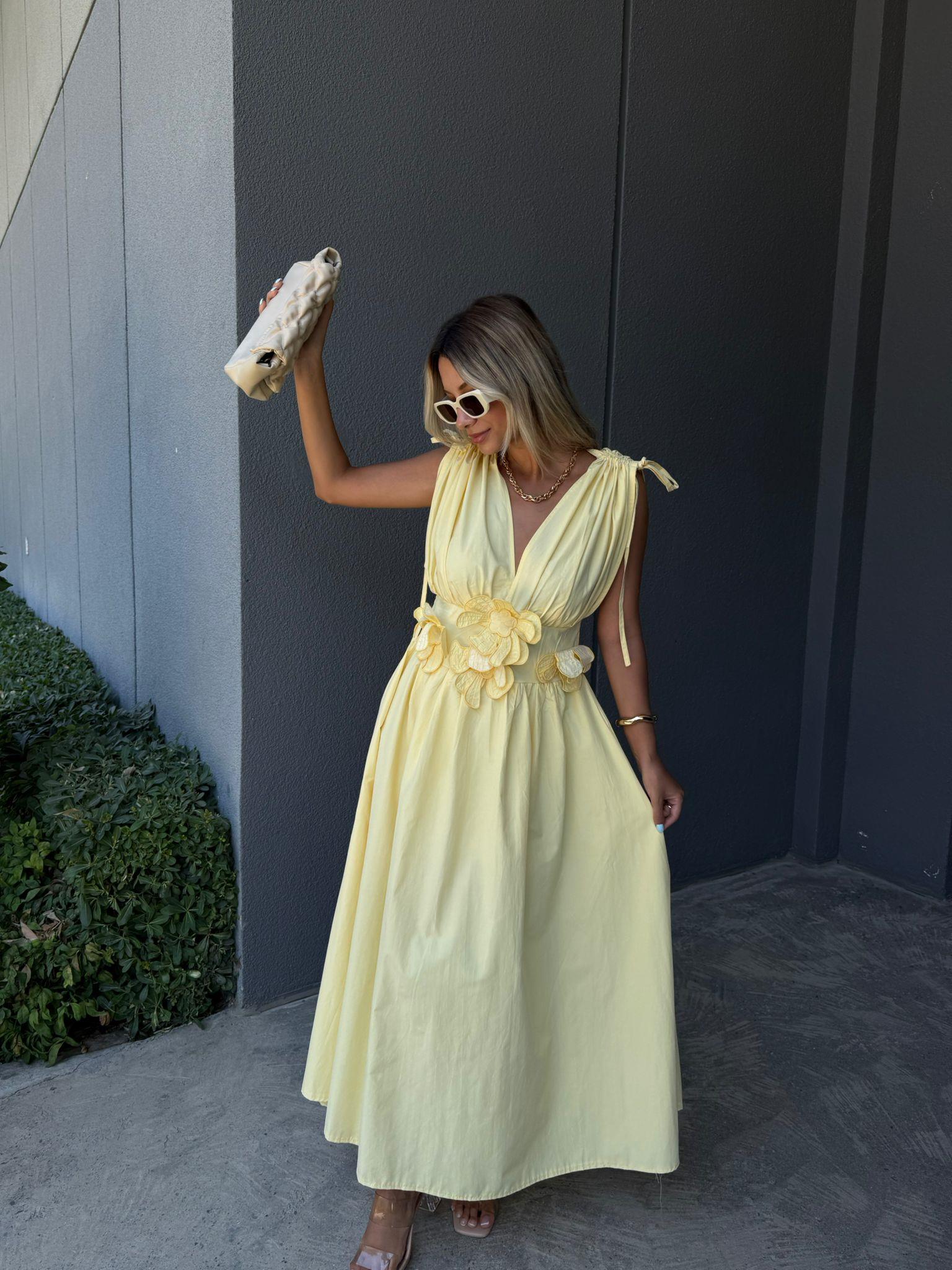 Çiçek Aplikeli Poplin Elbise Sarı