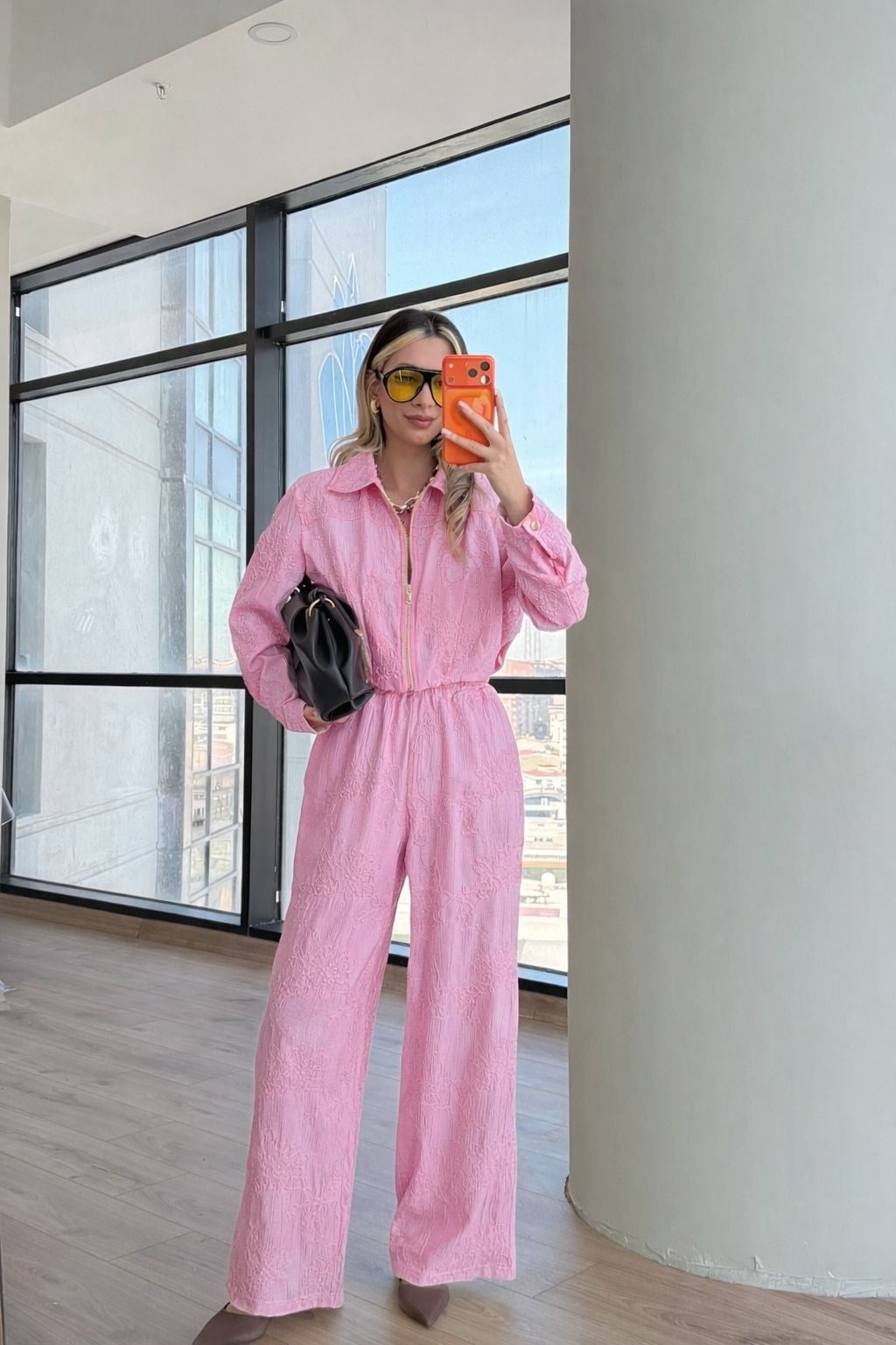 Gira Dokulu Fermuarlı Ceket Pantolon Takım Pembe