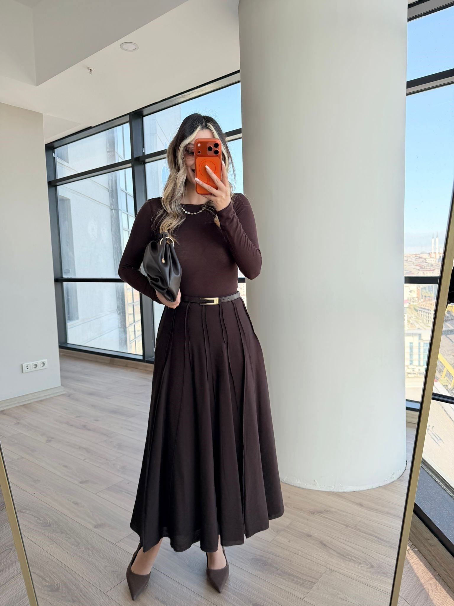 Kahverengi Bürümcük Krinkıl Midi Etek