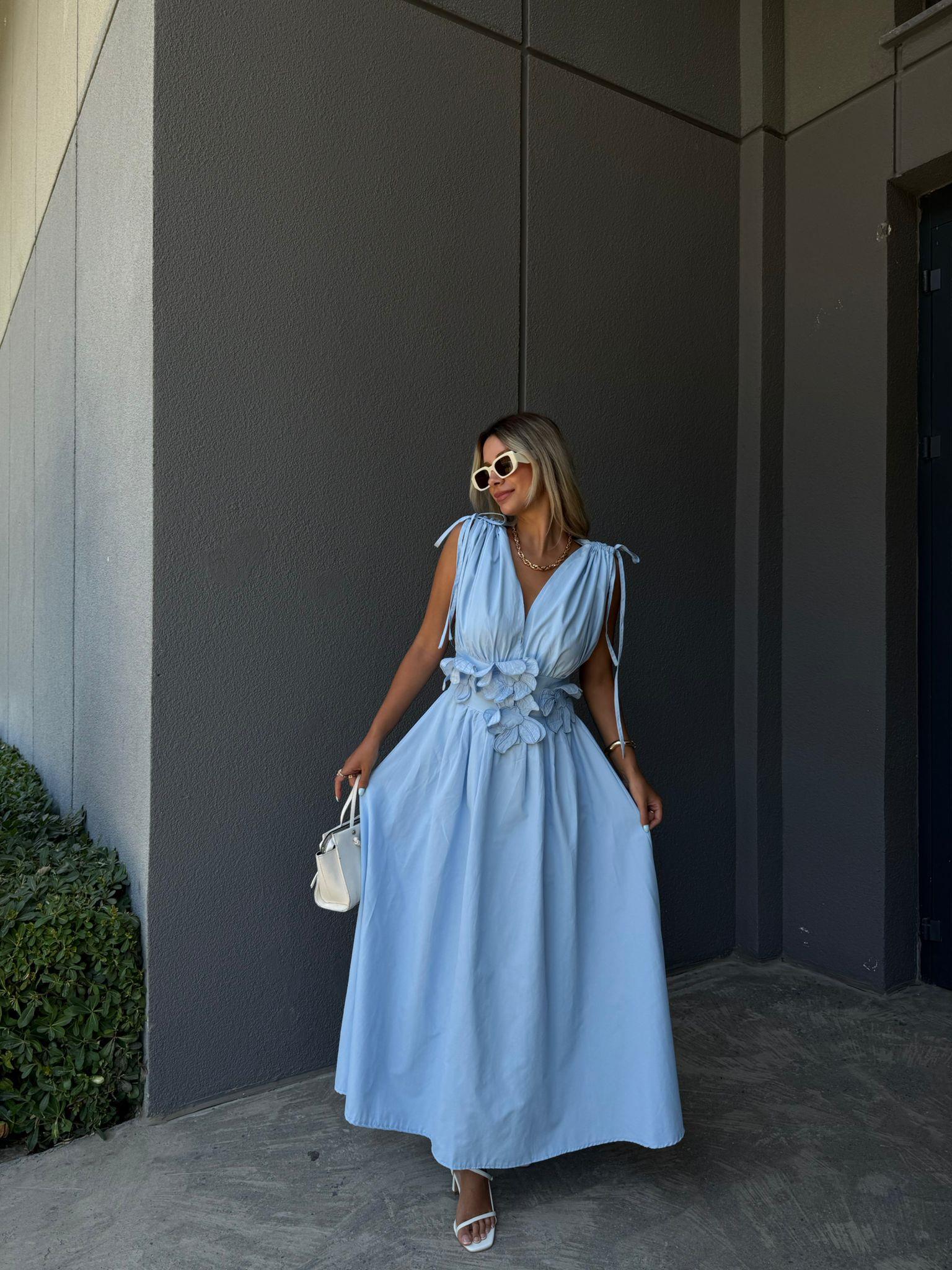 Çiçek Aplikeli Poplin Elbise Mavi