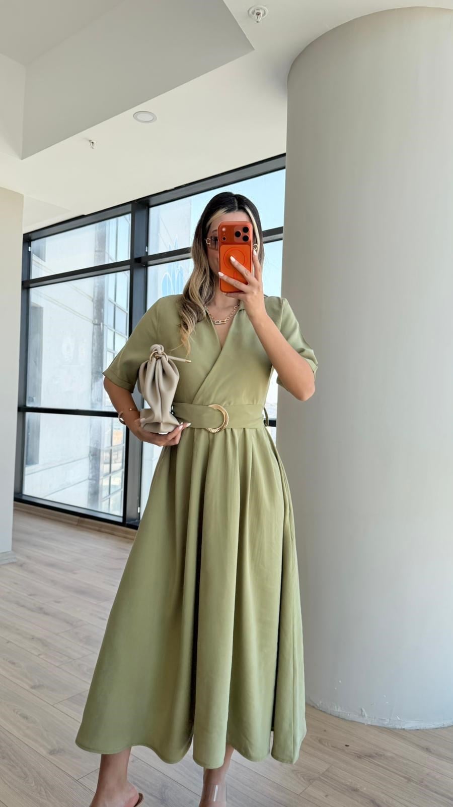 Daire Toka Cepli Fıstık Yeşili Elbise 