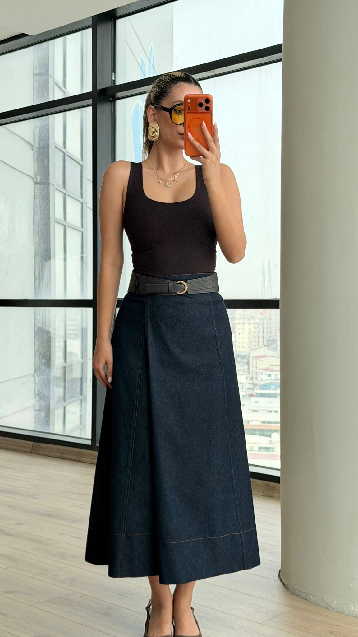 Kemerli Panka Denim Etek Lacivert