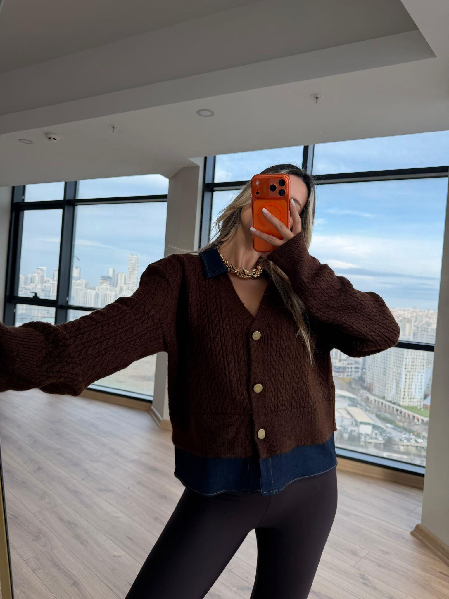 Kot Detay Triko Hırka Kahverengi