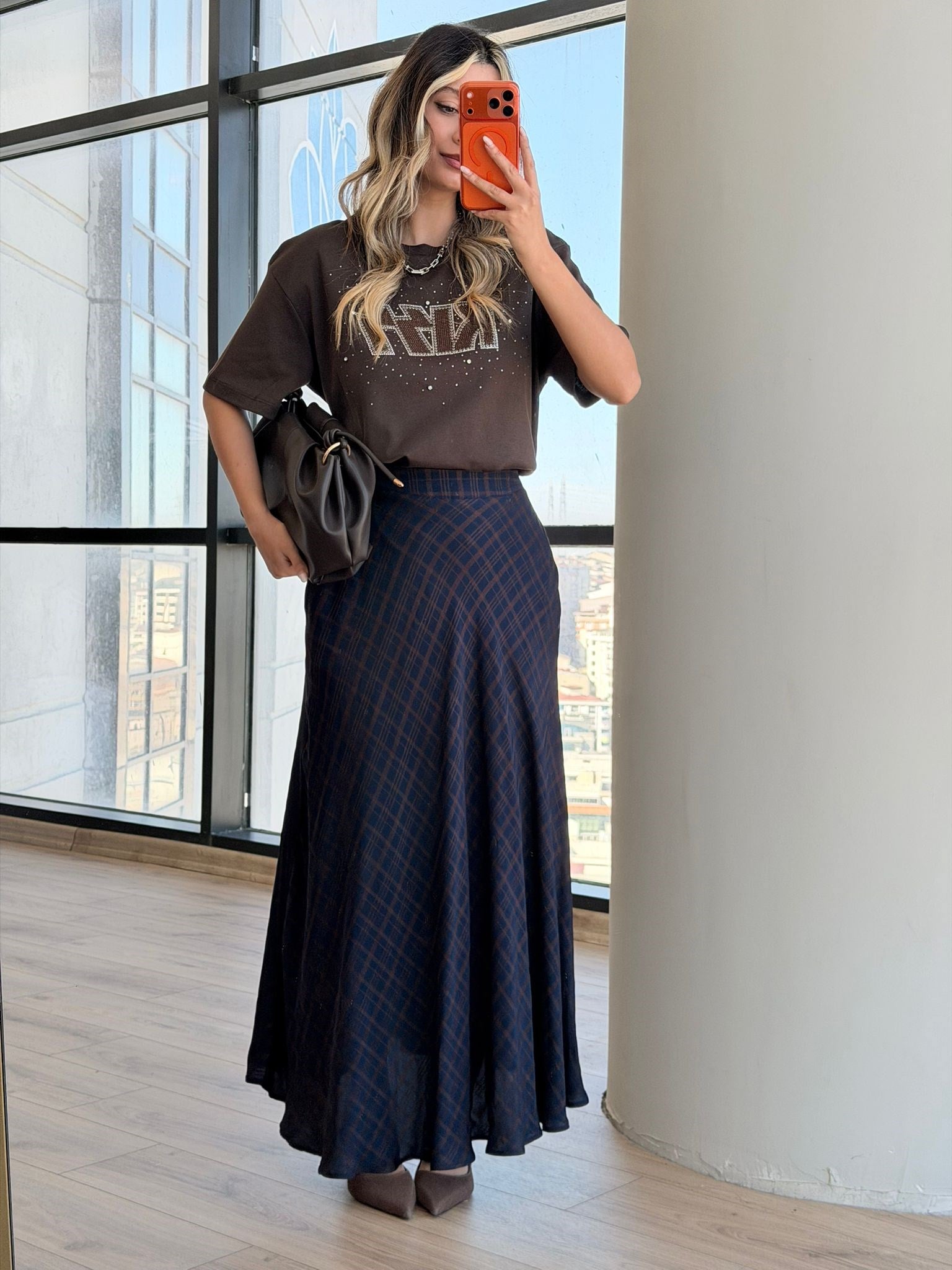 Ekose Desenli Klos Etek Lacivert 