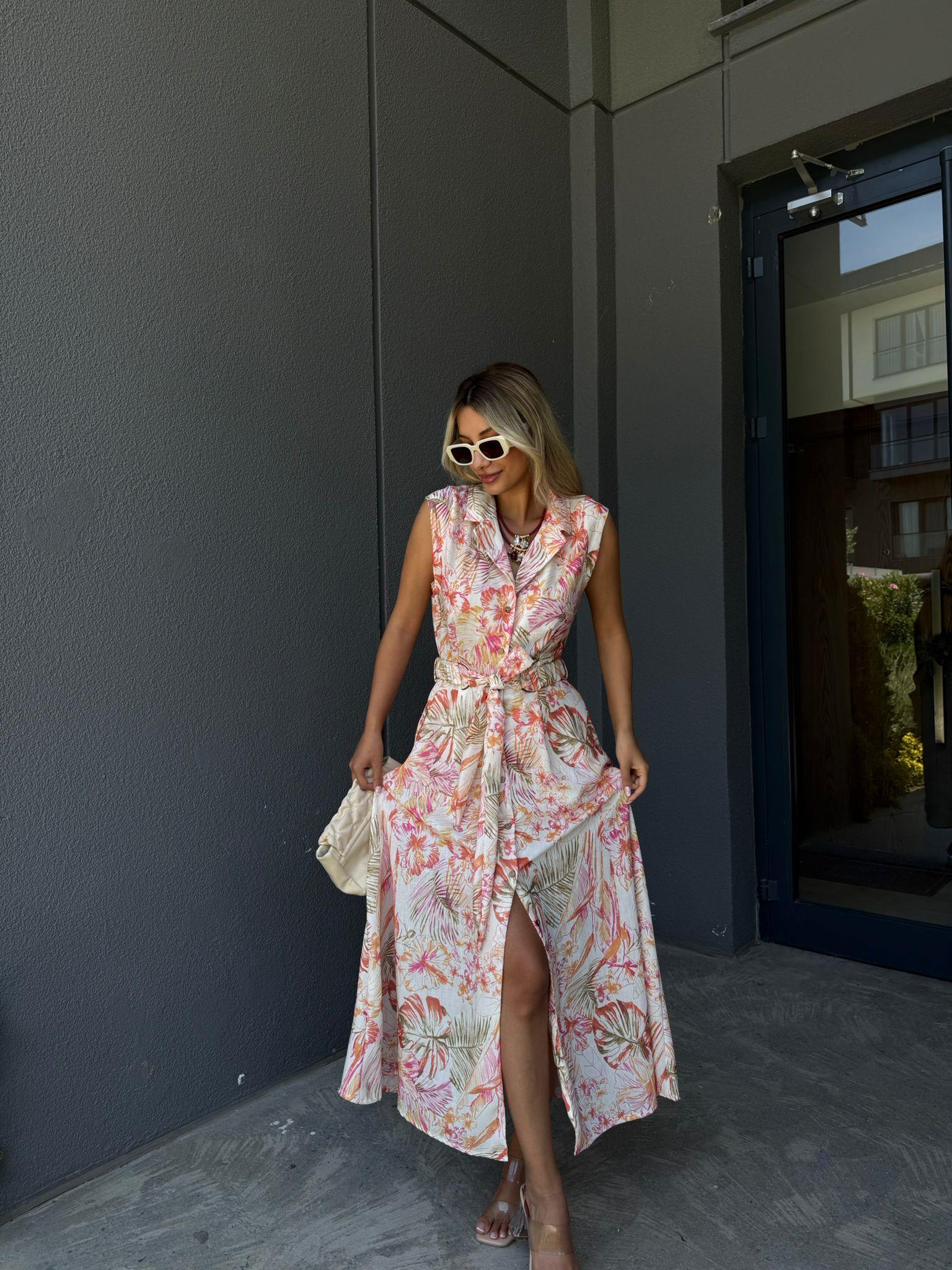 Pelina Desenli Kuşaklı Gömlek Elbise