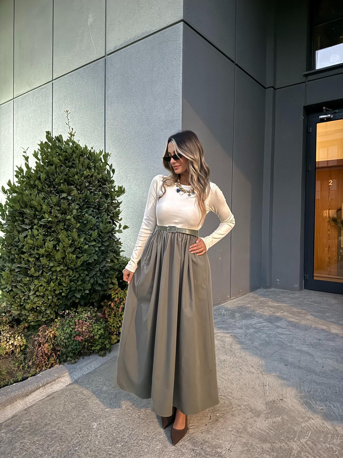 Lera Kombinasyonlu Kemerli Elbise Yeşil