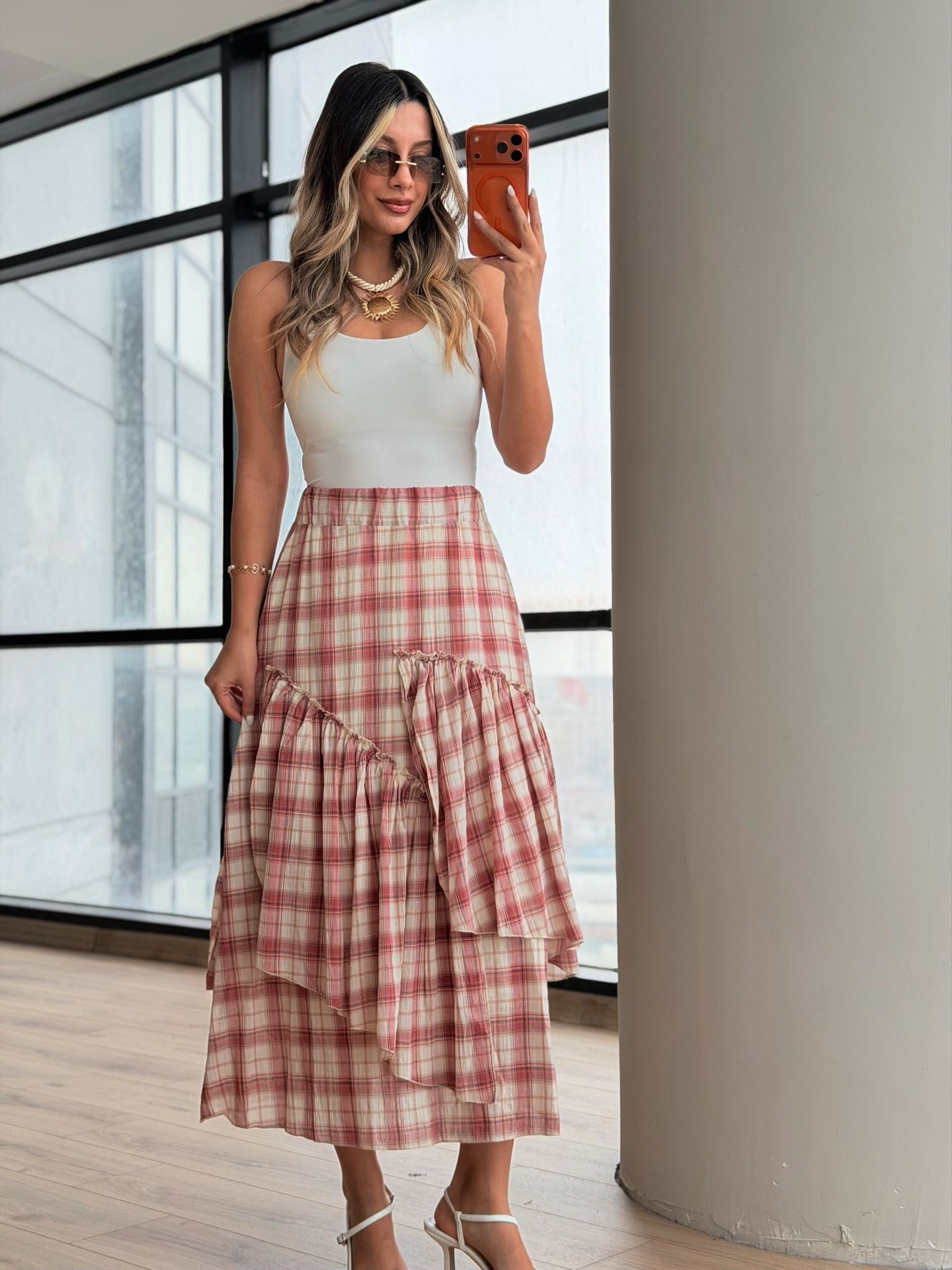 Pile ve Volan Detaylı Beli Lastikli Etek Kırmızılı