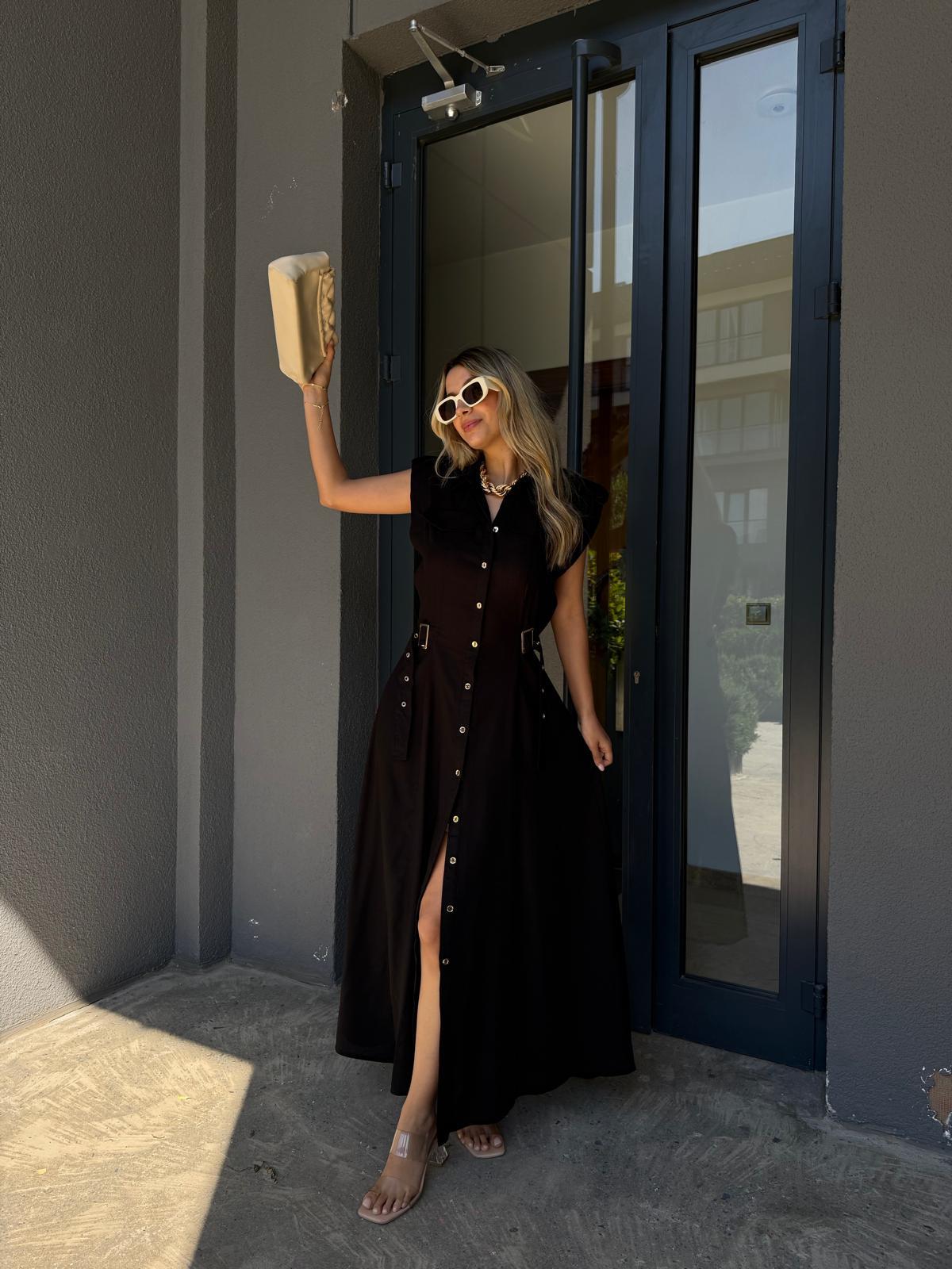 Süs Kemerli Midi Boy Keten Elbise Siyah