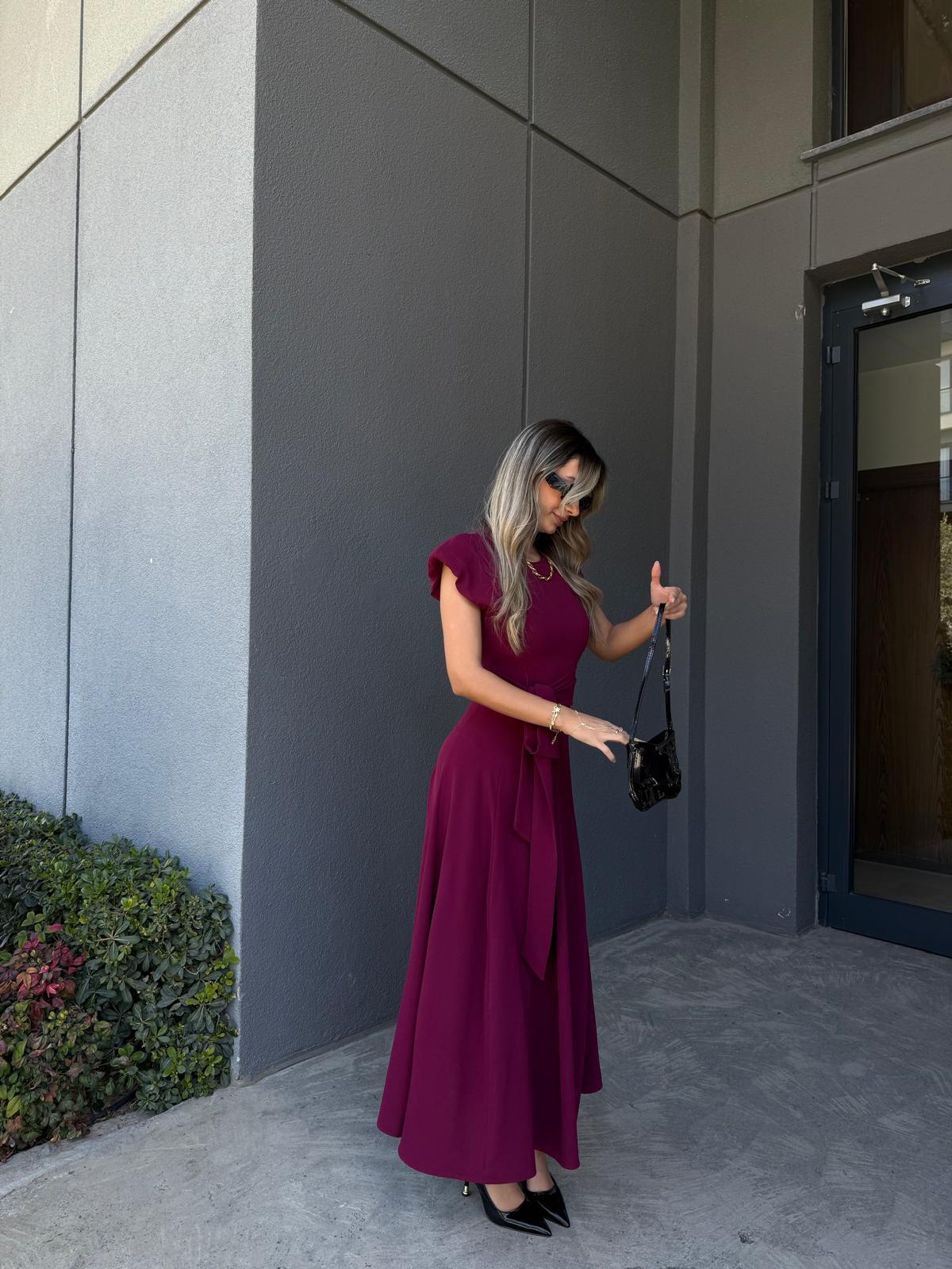 Nila Kuşaklı Elbise Vişne Çürüğü