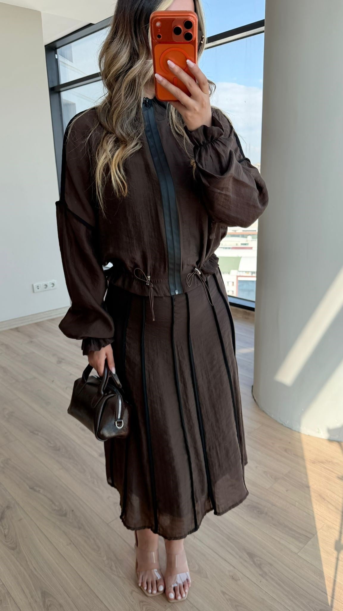 Hera Şifon Ceket&Midi Etek Takım Kahverengi