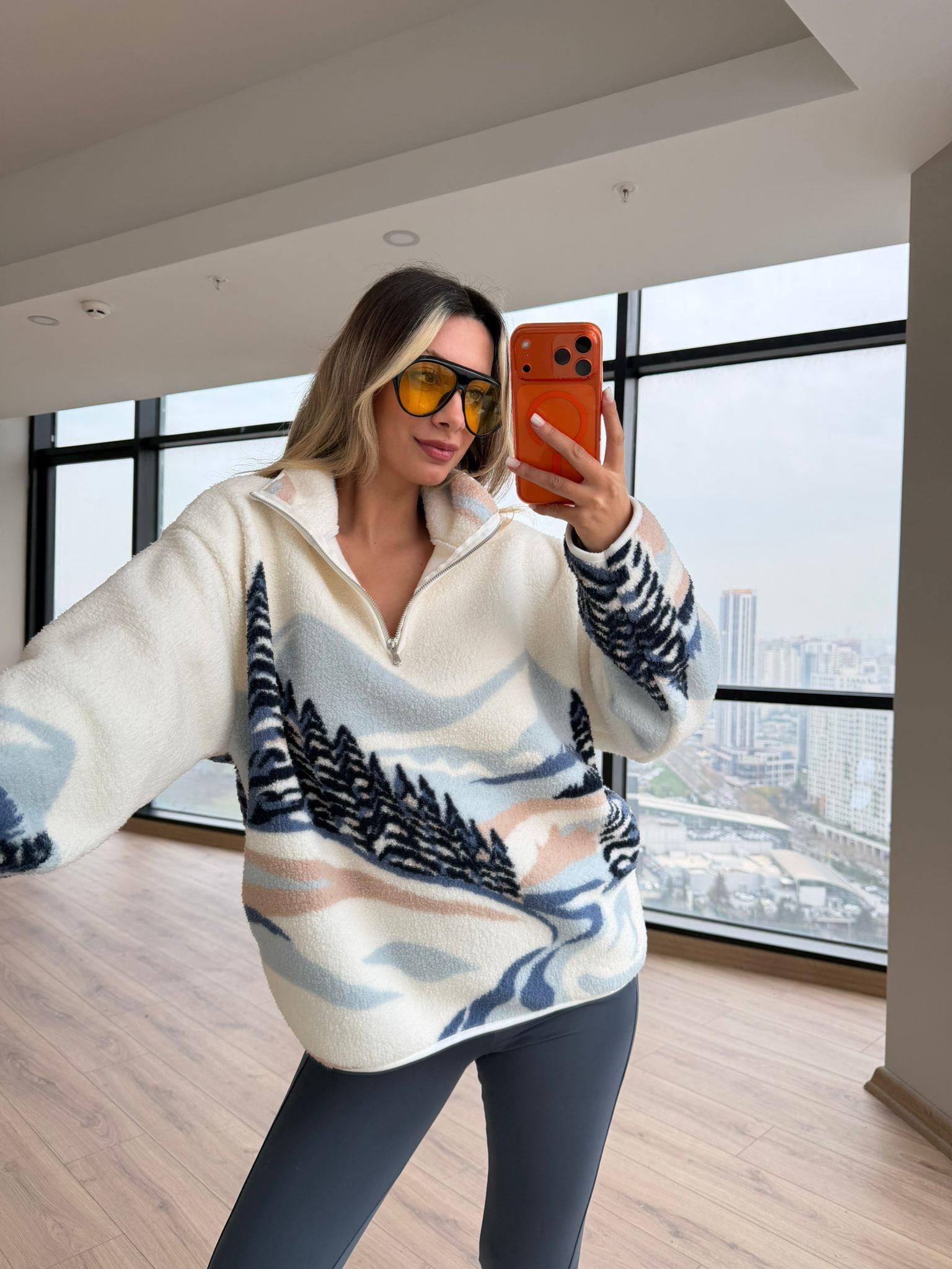Peluş Teddy Dağ Desenli Sweat Kazak