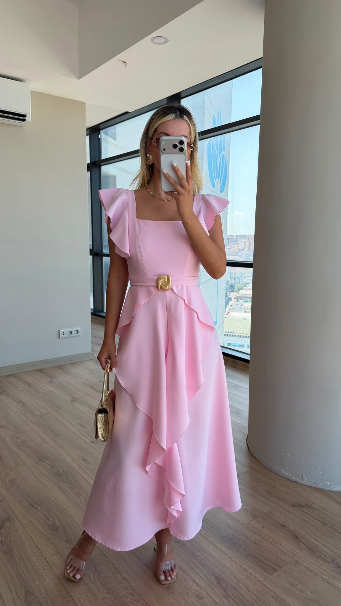Fırfır Kol Samina Tokalı Elbise Pembe