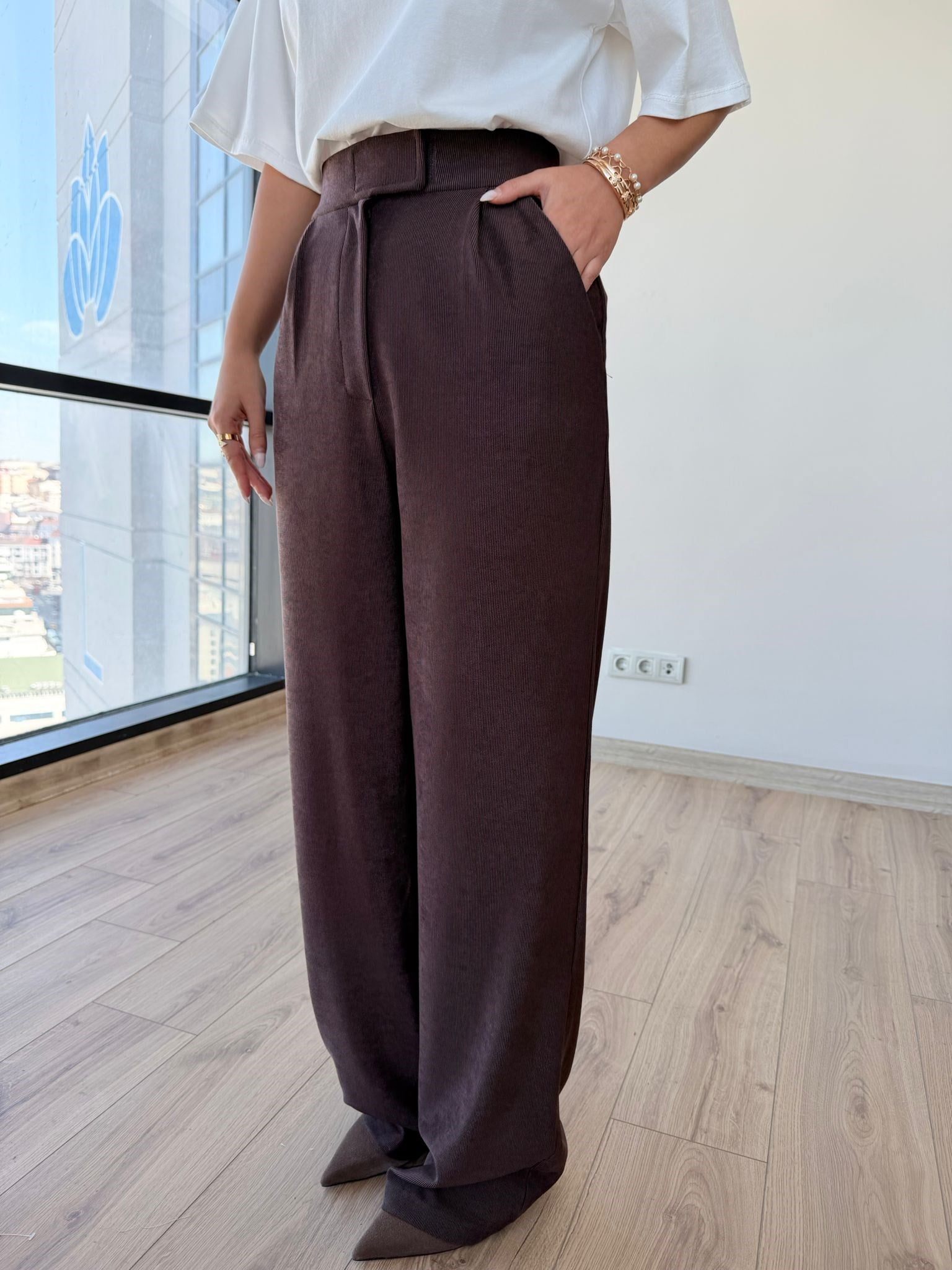 Nude Fit Beli Cırtcıtlı Palazzo Kahverengi