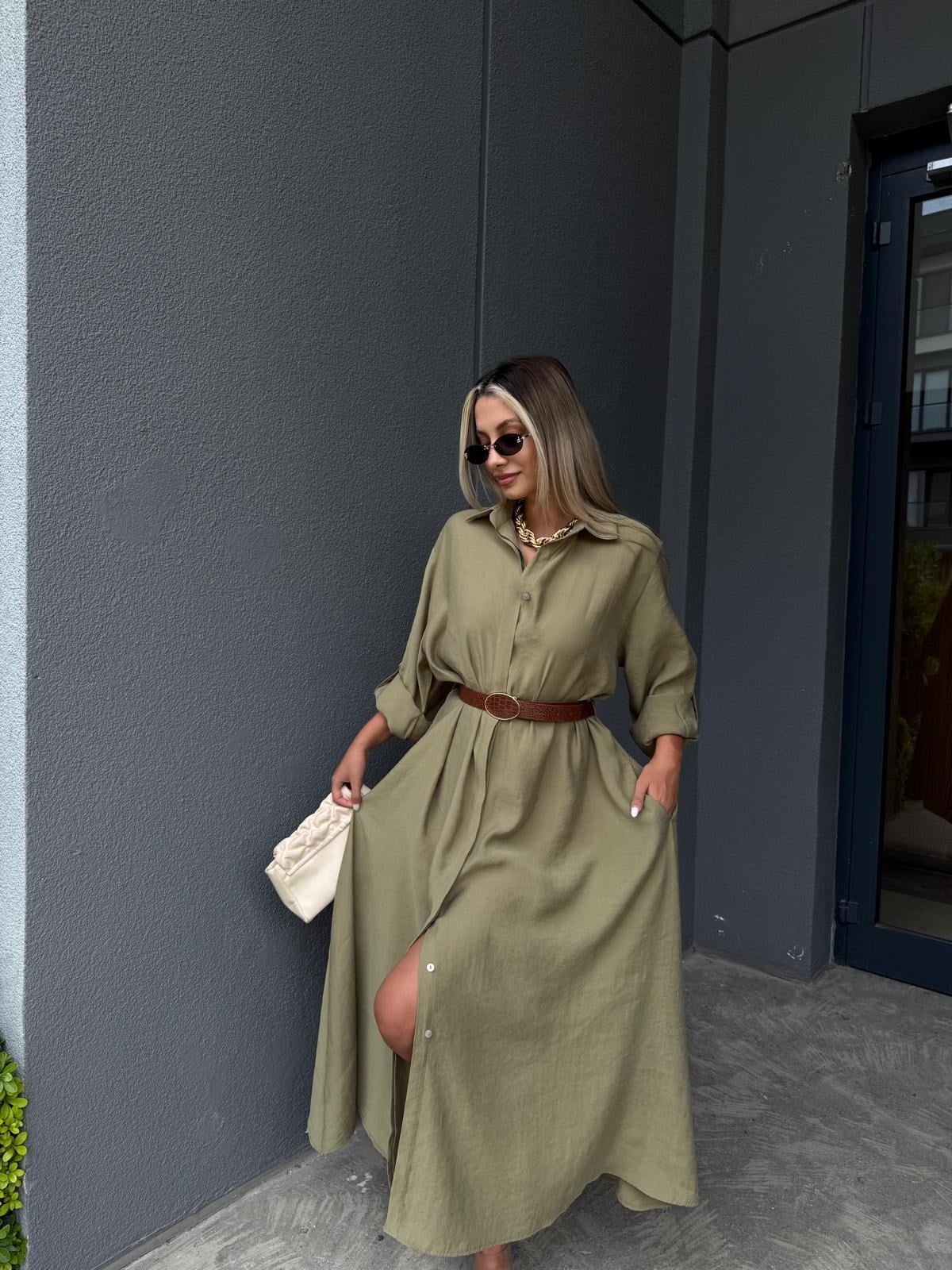 Premium Seri Tensel Kumaş Kemerli Salaş Gömlek Elbise Yeşil