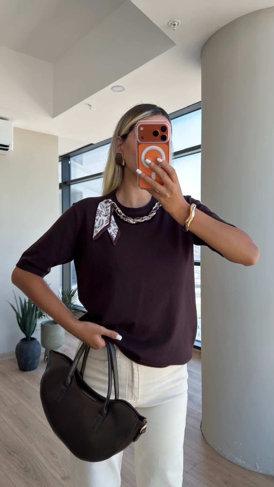 Massimo Saten Fularlı Triko Kahve