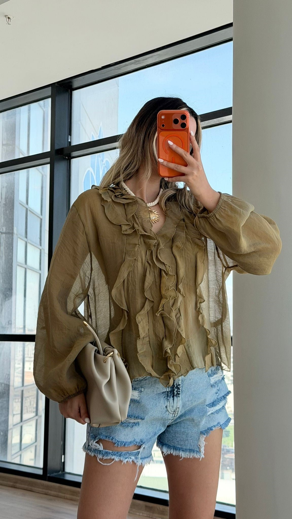 Transparan Fırfırlı Bluz Yeşil