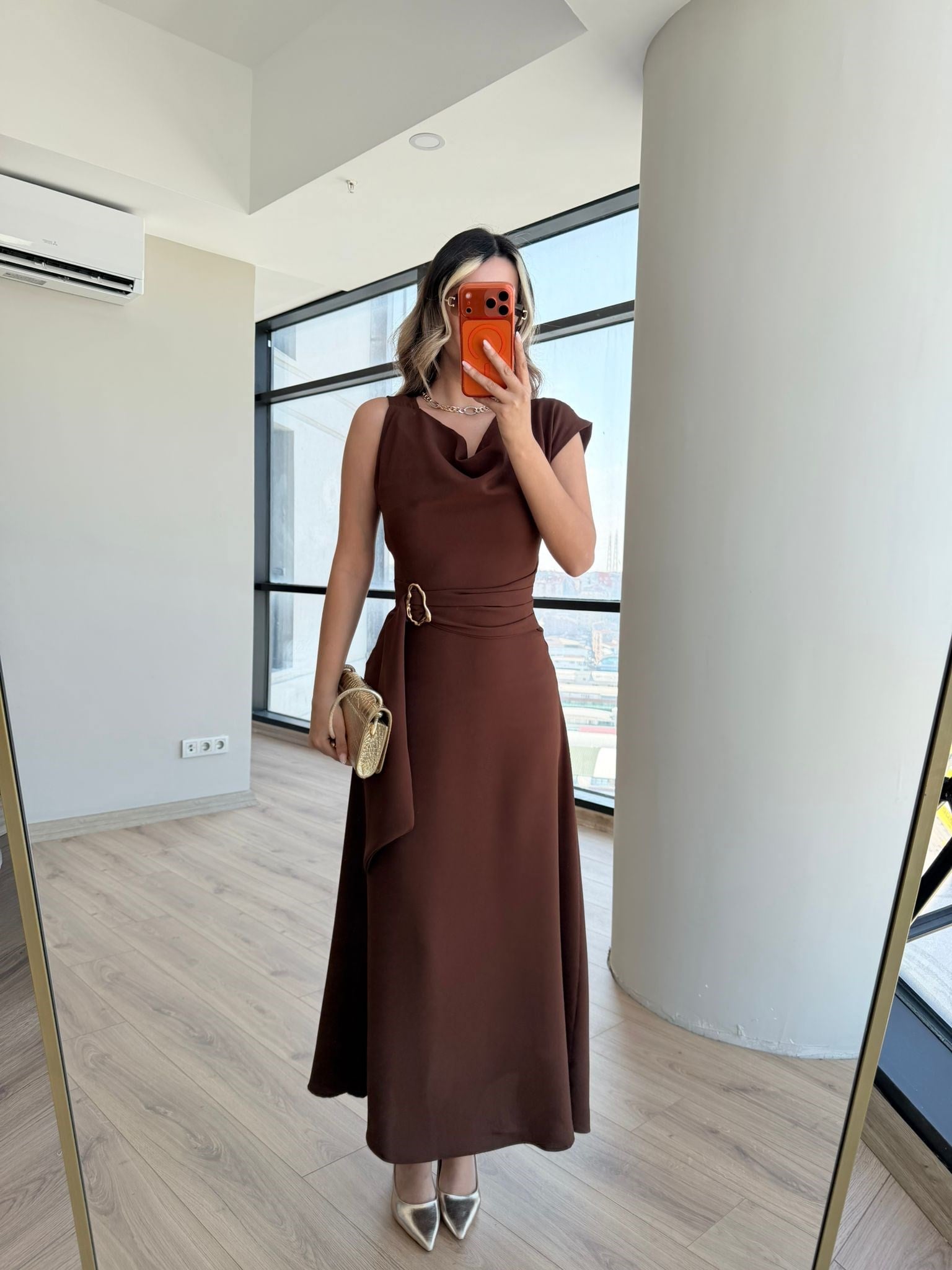 Vilora Gold Tokalı Elbise Kahve
