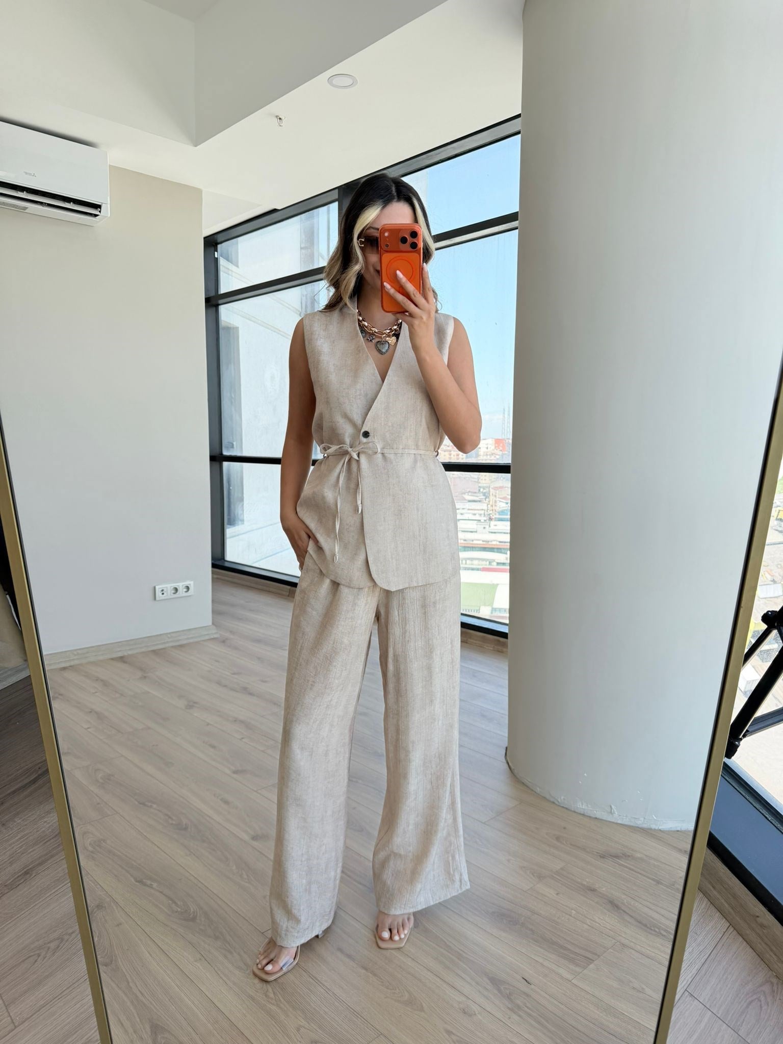 Lavre Yelekli Keten Krem Takım