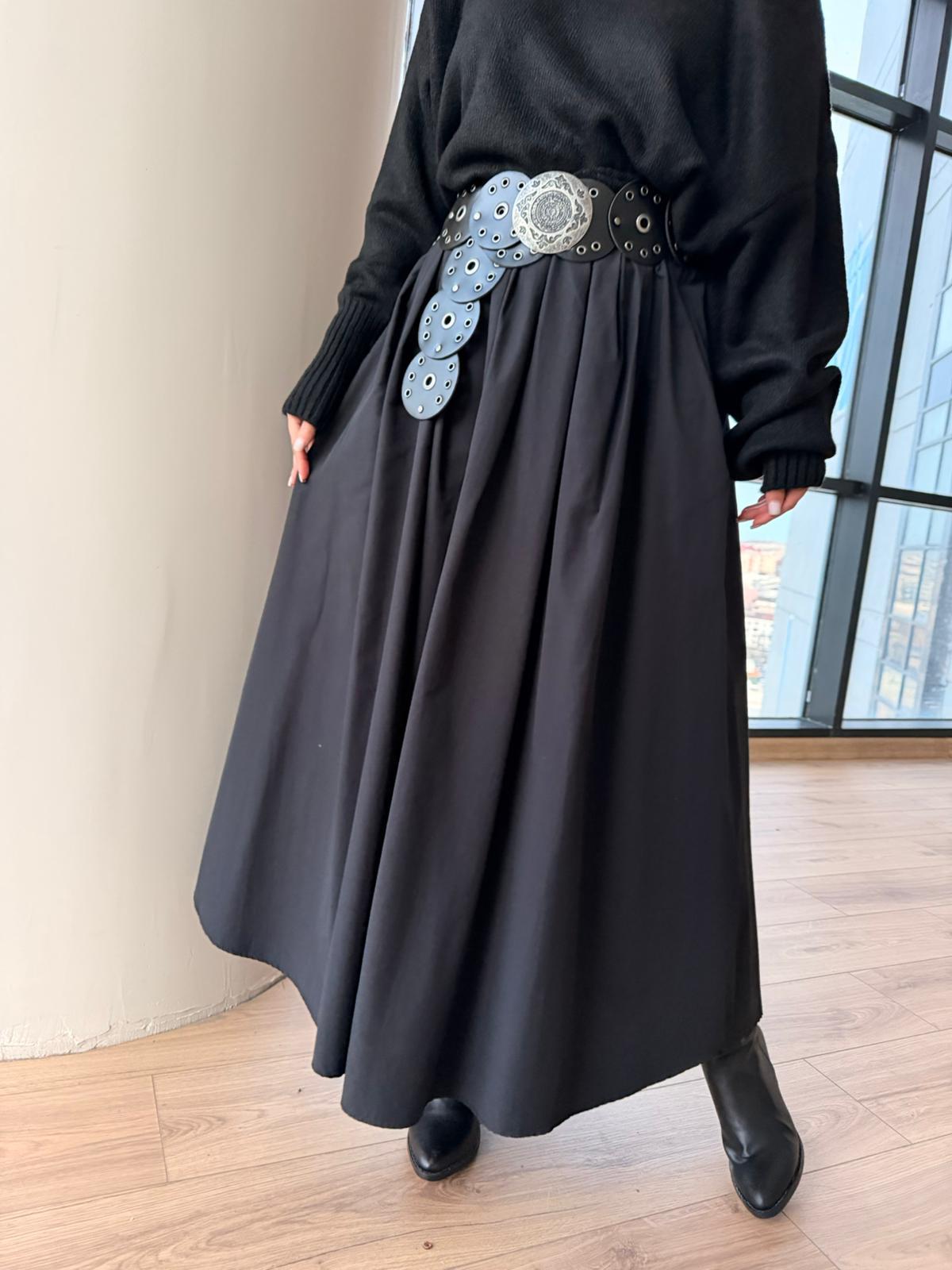 Nantira Beli Lastikli Siyah Poplin Paraşüt Karışımlı Etek