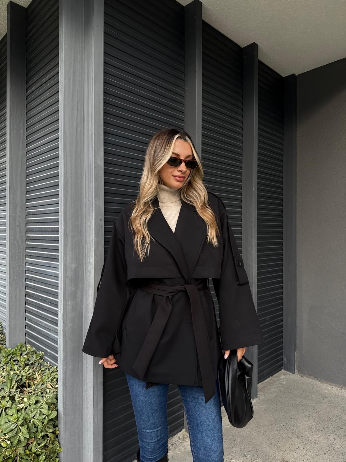 Oversize Düşük Omuz Trençkot Siyah