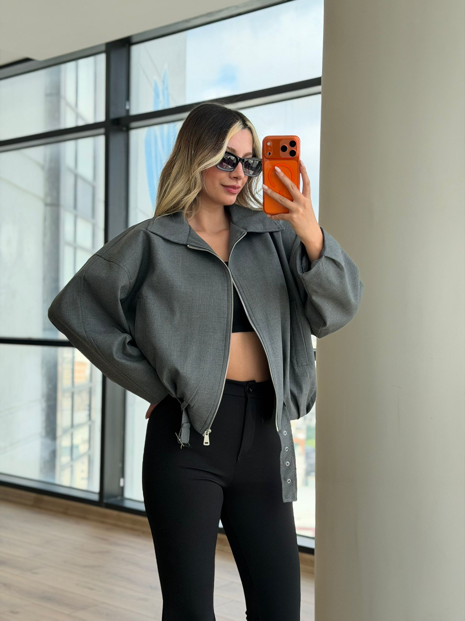 Gömlek Yaka Gri Bomber Ceket