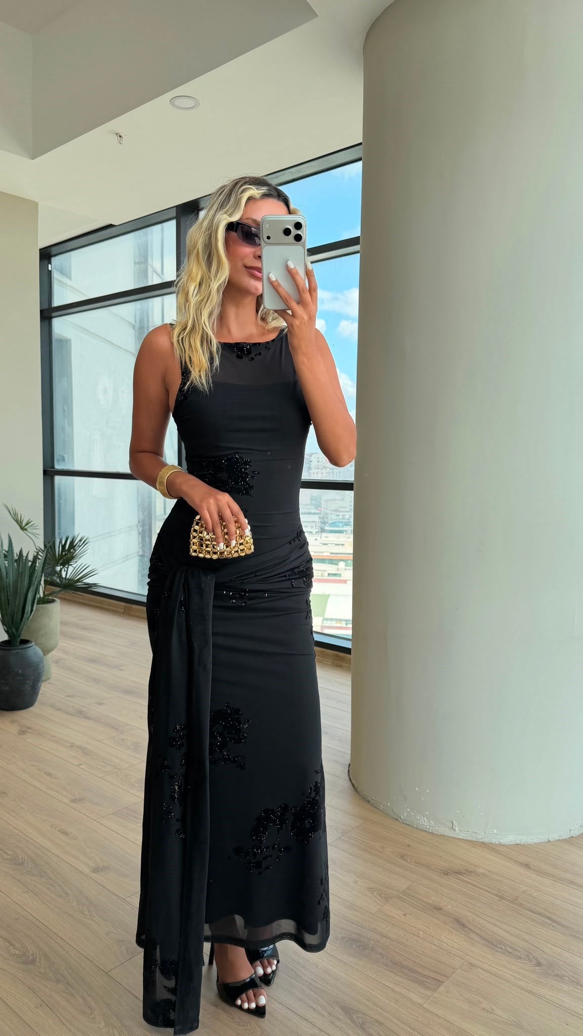 Sıfır Kol Flok Baskı Önden Bağlamalı Maxi Siyah Gino Kadın Elbise 