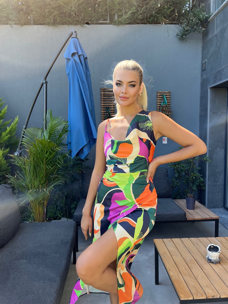 Adele Degaje Yaka Saten Elbise