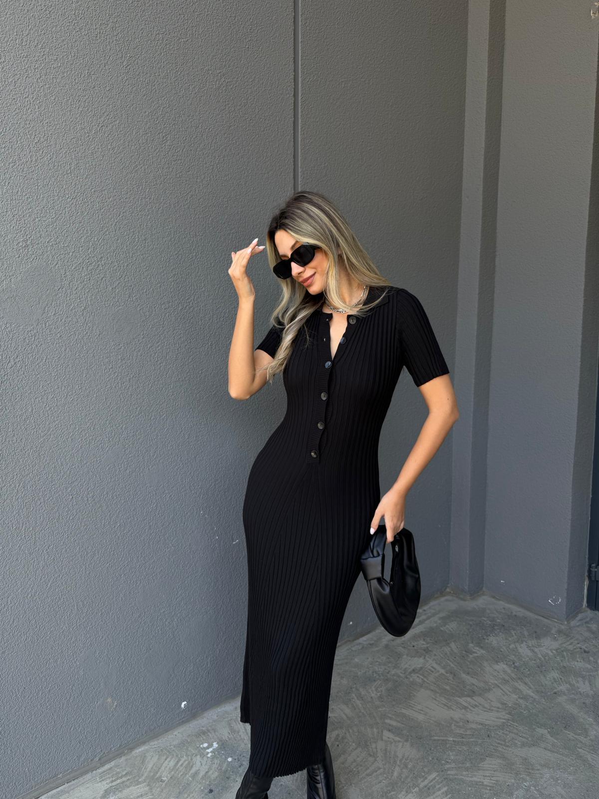 Altı Düğme Polo Yaka Siyah Triko Elbise kelb2143dp