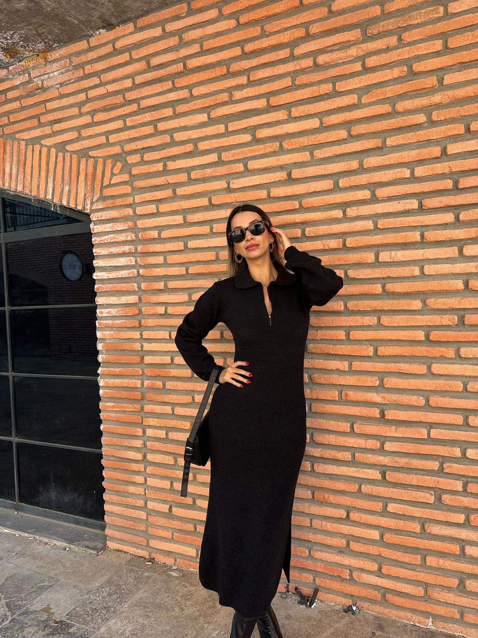 Alyona Siyah Triko Elbise kelb1088grs