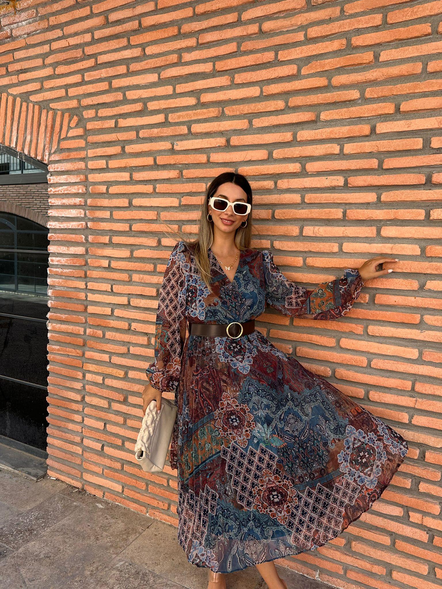 Amelia Şal Desen Kemerli Şifon Elbise 070621210