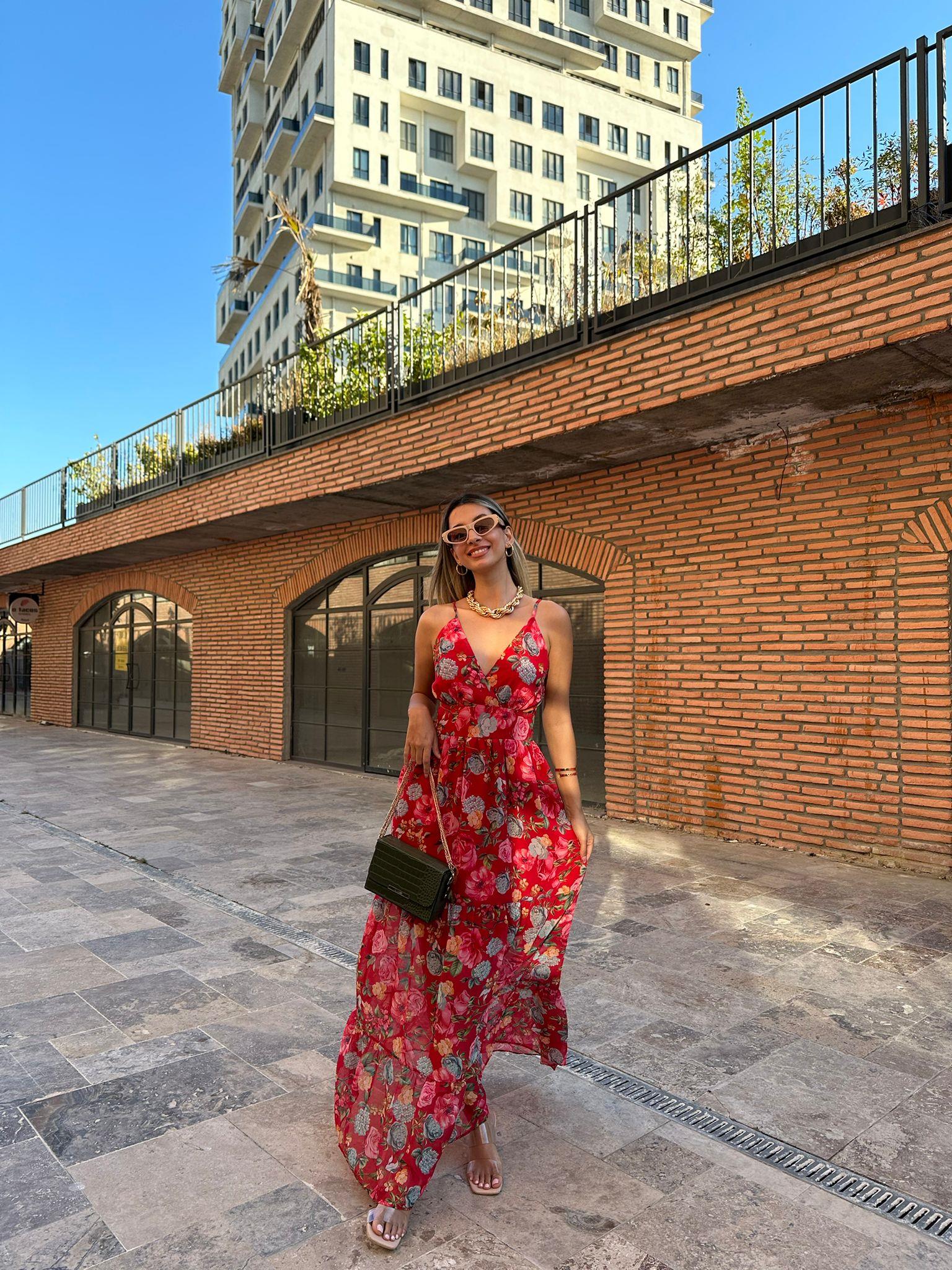 Arina İp Askılı Kırmızı Çiçekli Elbise 07062198