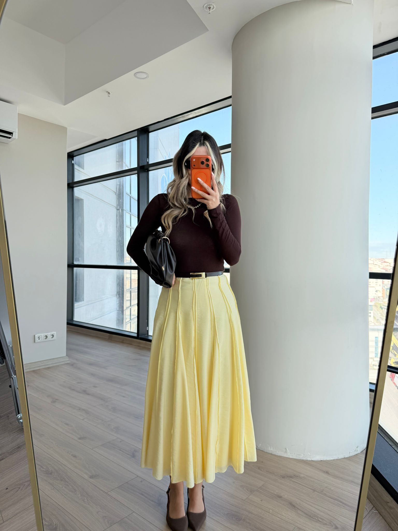 Pastel Sarı Bürümcük Krinkıl Midi Etek