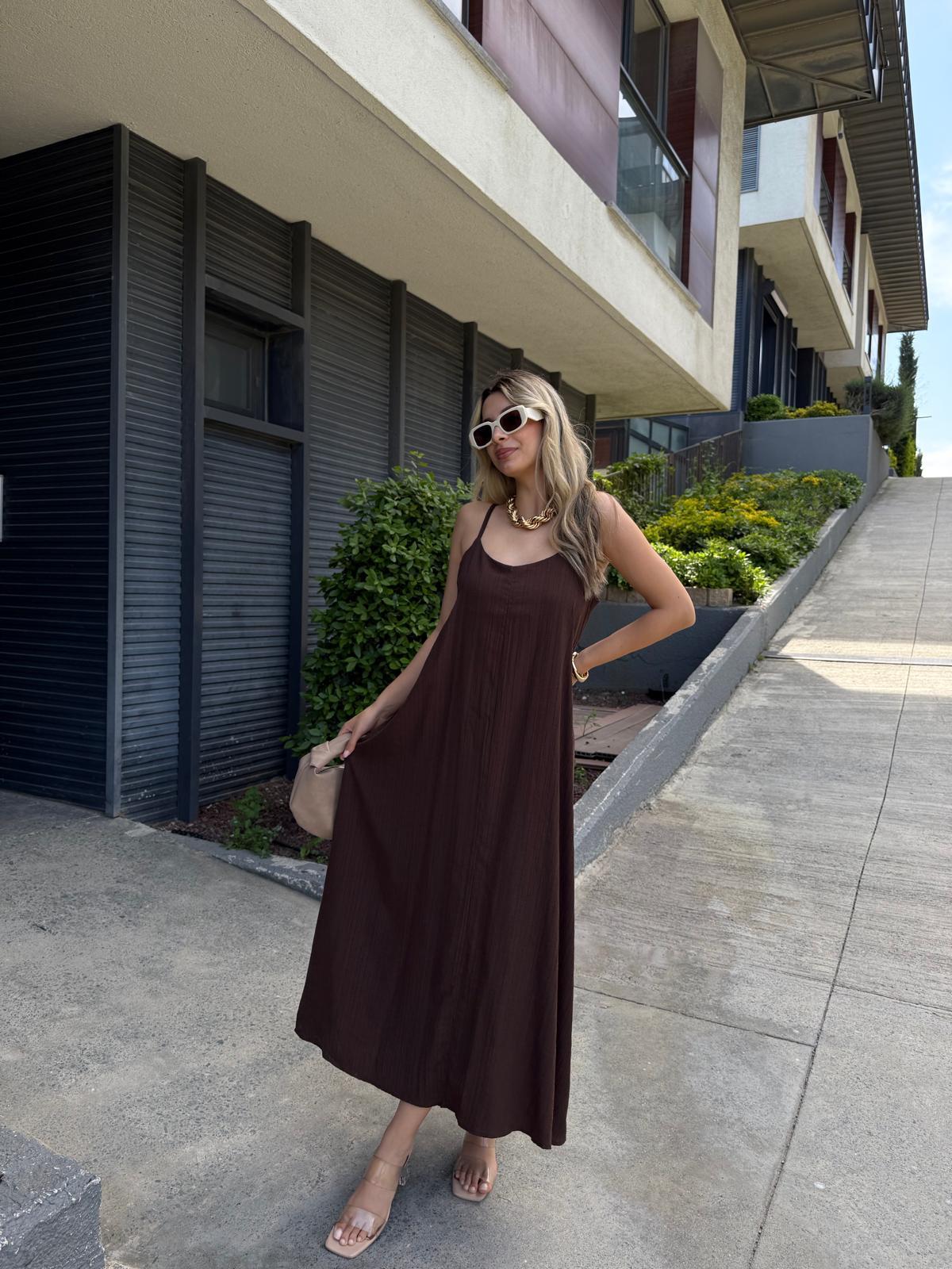 Tarak İplik Kumaş İp Askılı Salaş Elbise Kahverengi